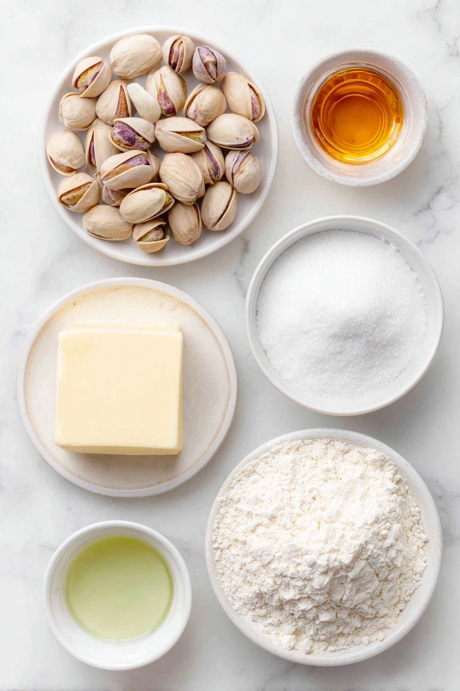 Flat lay of a small pile of shelled raw pistachios, a square of unsalted butter softened to room temperature on a white ceramic plate, a small white bowl filled with fine confectioners' sugar, a small white bowl with a clear pale almond extract liquid, a small white bowl with vanilla extract liquid, a tiny white bowl with a drop of green gel food coloring, a mound of all-purpose flour on a simple white ceramic dish placed on a clean white marble surface, soft natural light, photo taken with an iPhone, professional food photography style, fresh ingredients, white ceramic bowls, no bottles, no duplicates, no utensils, no packaging --ar 2:3 --v 7 --p m7354615311229779997 - Pistachio Cookies, pistachio cookies recipe, nutty cookies, homemade pistachio treats, buttery pistachio cookies