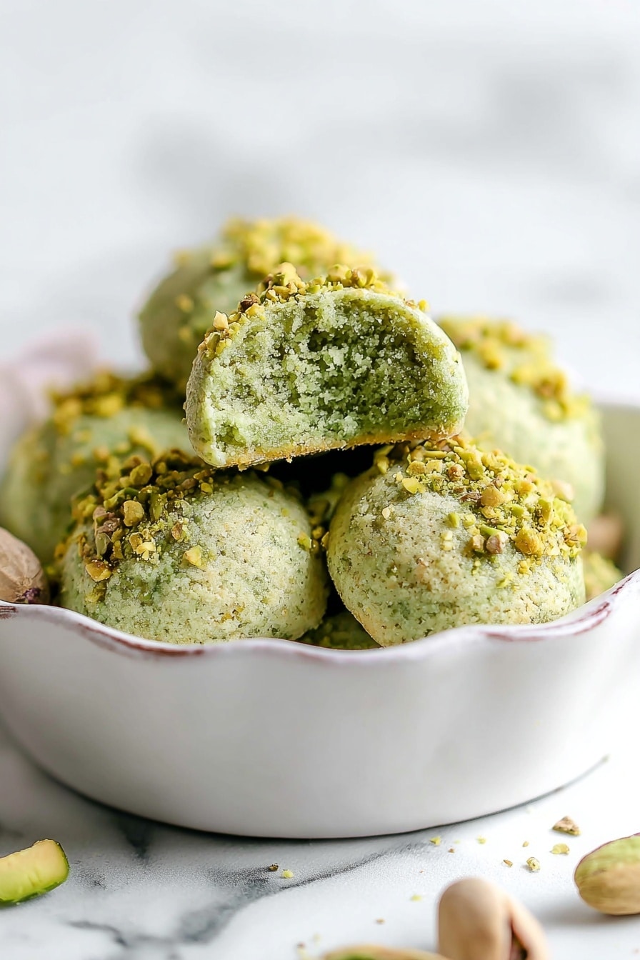 The image shows round, light green cookies arranged on a white marbled surface, each topped with a generous sprinkle of crushed pistachios giving a textured, crumbly green and yellow crown on the top center. The cookies have a soft, slightly cracked surface, and the scattered whole pistachio nuts around them add an extra natural touch. The overall look is fresh and inviting with a mix of smooth and rough textures visible. photo taken with an iphone --ar 2:3 --v 7 - Pistachio Cookies, pistachio cookies recipe, nutty cookies, homemade pistachio treats, buttery pistachio cookies