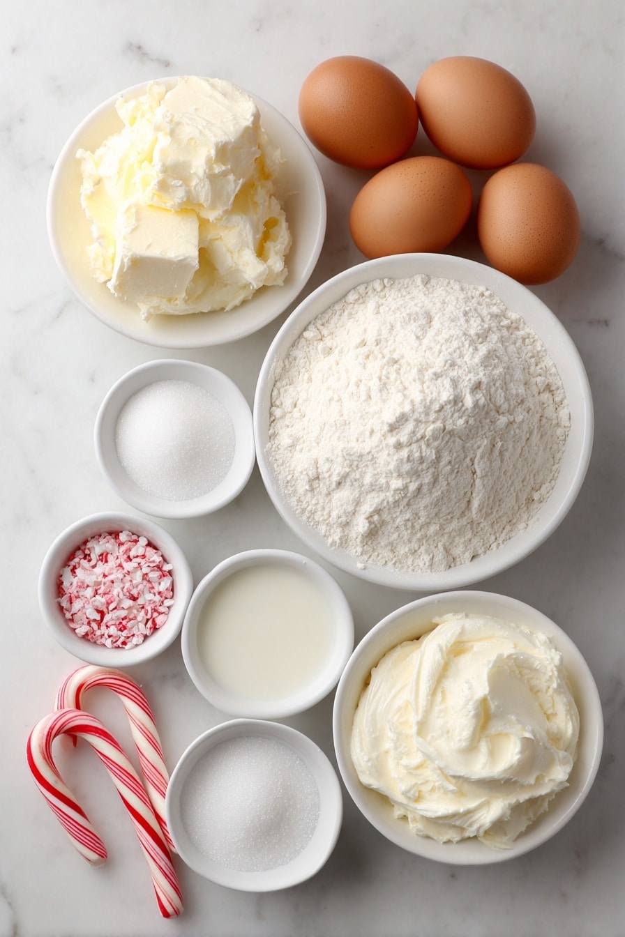 Flat lay of a small mound of softened unsalted butter, a heap of granulated sugar, three large brown eggs with uncracked shells, a small white bowl of sour cream, a small white bowl of vanilla extract, a neat pile of cake flour, a small white bowl containing baking powder, a small white bowl with baking soda, a small white bowl with salt, a small white bowl filled with whole milk, a small white bowl with crushed candy cane pieces, a cluster of whole candy canes, a small mound of softened cream cheese, a small white bowl with heavy cream, and a small white bowl heaped with icing sugar, all arranged symmetrically on a clean white marble surface, soft natural light, photo taken with an iPhone, professional food photography style, fresh ingredients, white ceramic bowls, no bottles, no duplicates, no utensils, no packaging --ar 2:3 --v 7 --p m7354615311229779997 - Candy Cane Layered Cake, festive peppermint cake, holiday layered dessert, peppermint Christmas cake, layered holiday cake