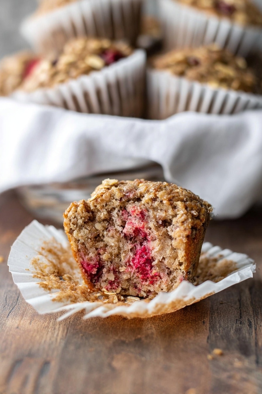 The image shows three muffins stacked on top of each other on a wooden surface. Each muffin is wrapped in a white paper liner with a rough textured brown top that looks crumbly and slightly bumpy. Behind the stack, there is a blurred basket holding more muffins with a white cloth inside. The background is plain and light, creating a soft and minimal look. The photo taken with an iphone --ar 2:3 --v 7 - Cranberry Sauce Muffins with Oat Streusel, cranberry muffin recipe, holiday cranberry muffins, easy cranberry breakfast muffins, moist cranberry muffins