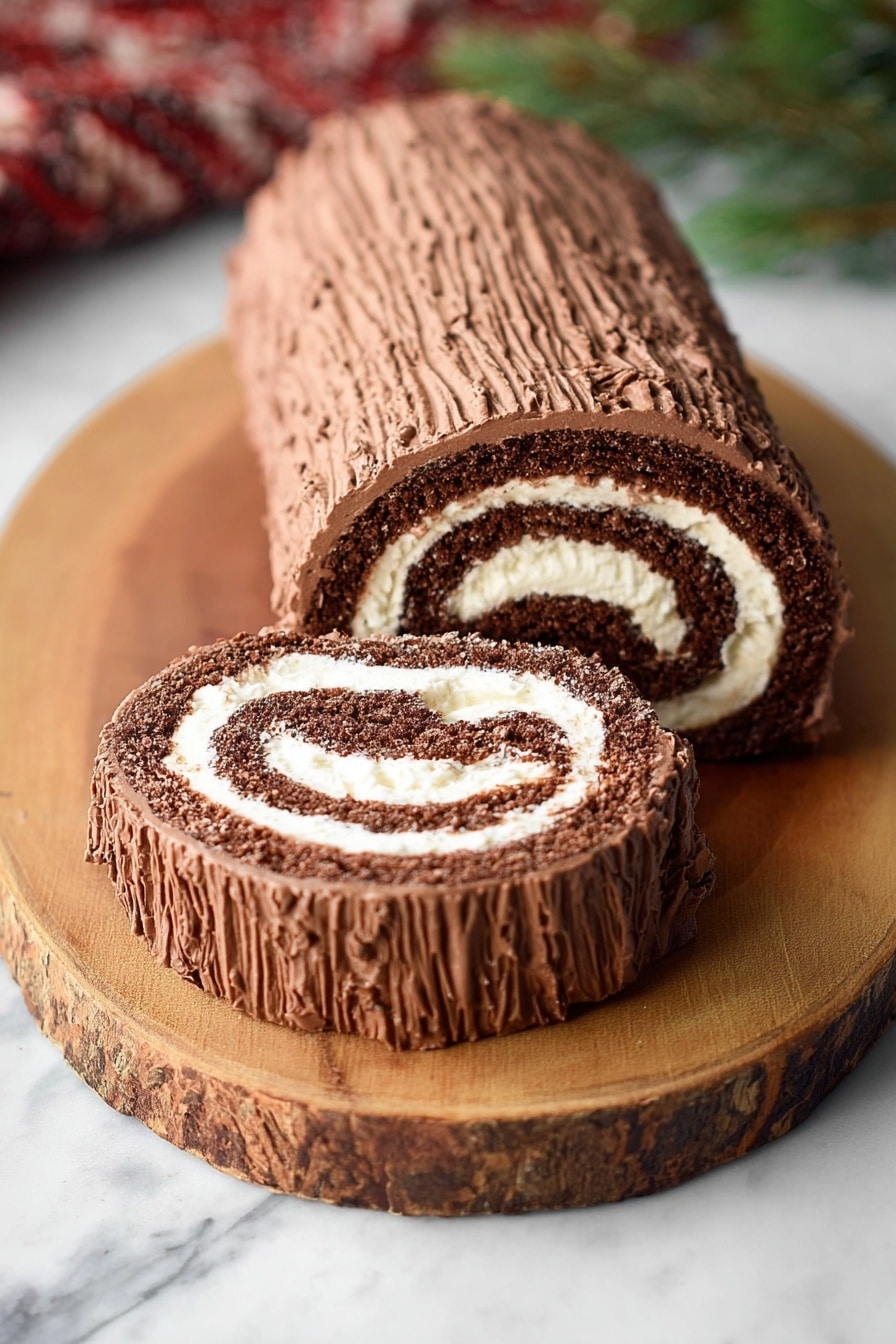 The image shows a chocolate roll cake with three visible layers. The outer layer is dark brown chocolate frosting with textured ridges creating a bark-like look. Inside, the cake has alternating spiral layers of dark brown chocolate sponge and thick, smooth white cream. The cake rests on a round wooden board with natural bark edges, placed on a surface with a white marbled texture. Photo taken with an iphone --ar 2:3 --v 7 - Chocolate Yule Log Cake, festive chocolate roulade, holiday dessert idea, Christmas cake, easy Yule log recipe