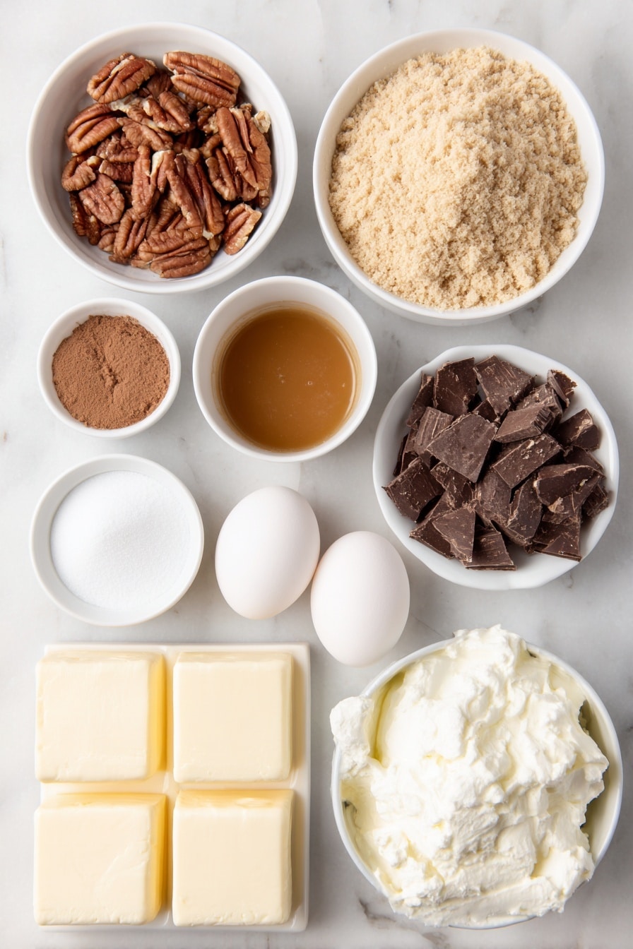 Flat lay of finely chopped pecans, whole pecan halves, a small white bowl of graham cracker crumbs, a small white bowl of white sugar, a small white bowl with melted butter, four blocks of softened cream cheese, a small white bowl of brown sugar, a small white bowl of caramel sauce, three whole uncracked eggs, a small white bowl of sour cream, a small white bowl of heavy cream, a small white bowl of vanilla extract, a small white bowl of sifted cornstarch, a small white bowl of cocoa powder, a small white bowl of finely chopped semi-sweet chocolate placed on a clean white marble surface, soft natural light, photo taken with an iPhone, professional food photography style, fresh ingredients, white ceramic bowls, no bottles, no duplicates, no utensils, no packaging --ar 2:3 --v 7 --p m7354615311229779997 - Decadent Turtle Cheesecake, caramel chocolate pecan cheesecake, easy turtle cheesecake, rich creamy cheesecake with caramel, no-bake turtle dessert