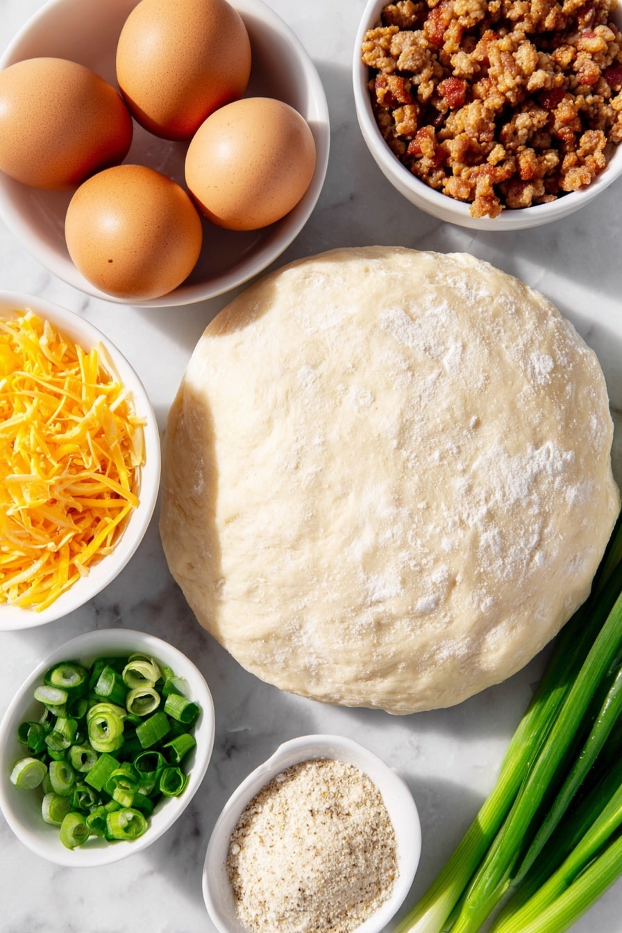 Flat lay of a smooth round ball of pale pizza dough, six large whole brown eggs with clean shells, a small heap of shredded bright orange cheddar cheese, a small white ceramic bowl with cooked and crumbled golden breakfast sausage, a small white ceramic bowl with crispy crumbled bacon, two fresh green onions sliced thinly with bright white and green parts arranged neatly, a small white ceramic bowl containing a beaten egg wash with a pale yellow color, a small white ceramic bowl holding fine dried Italian seasoning herbs, a small white ceramic bowl with light beige garlic powder, all arranged in perfect symmetry on a clean white marble surface, soft natural light, photo taken with an iPhone, professional food photography style, fresh ingredients, white ceramic bowls, no bottles, no duplicates, no utensils, no packaging --ar 2:3 --v 7 --p m7354615311229779997 - Breakfast Stromboli with Eggs and Bacon, breakfast stromboli recipe, hearty breakfast brunch ideas, easy breakfast recipes, savory breakfast roulade