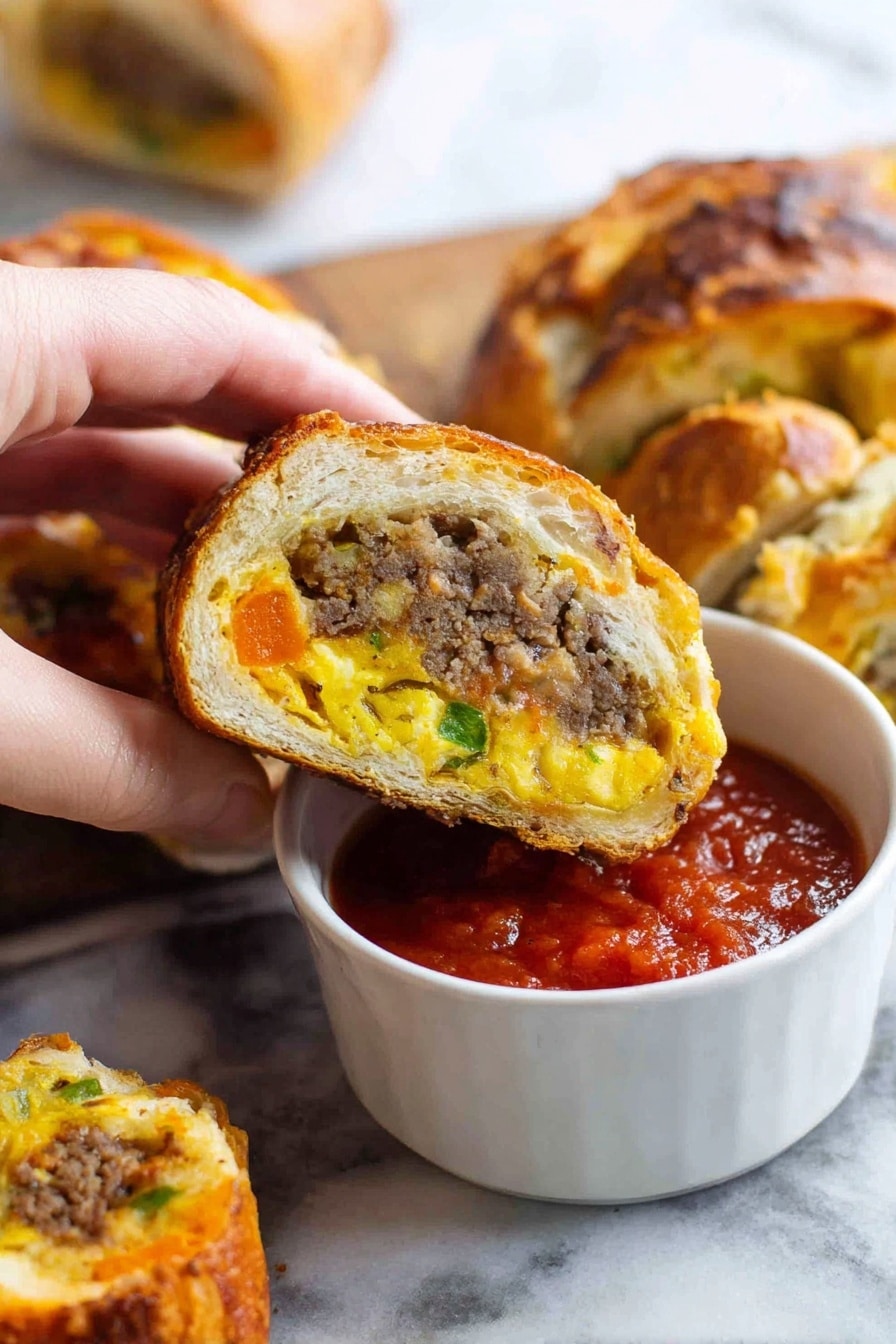 The image shows three pieces of a stuffed bread roll on a white marbled surface. The bread is cut in half, revealing three layers inside: a soft, light brown bread base, a layer of mixed cooked meat and vegetables with a slightly chunky texture, and a thick layer of melted bright orange cheese on top that stretches and drips as a woman’s hand lifts one piece with a spatula. The bread crust is light golden brown with a slightly crisp texture. The focus is sharp on the lifted roll, with the others softly blurred behind it. Photo taken with an iphone --ar 2:3 --v 7 - Breakfast Stromboli with Eggs and Bacon, breakfast stromboli recipe, hearty breakfast brunch ideas, easy breakfast recipes, savory breakfast roulade