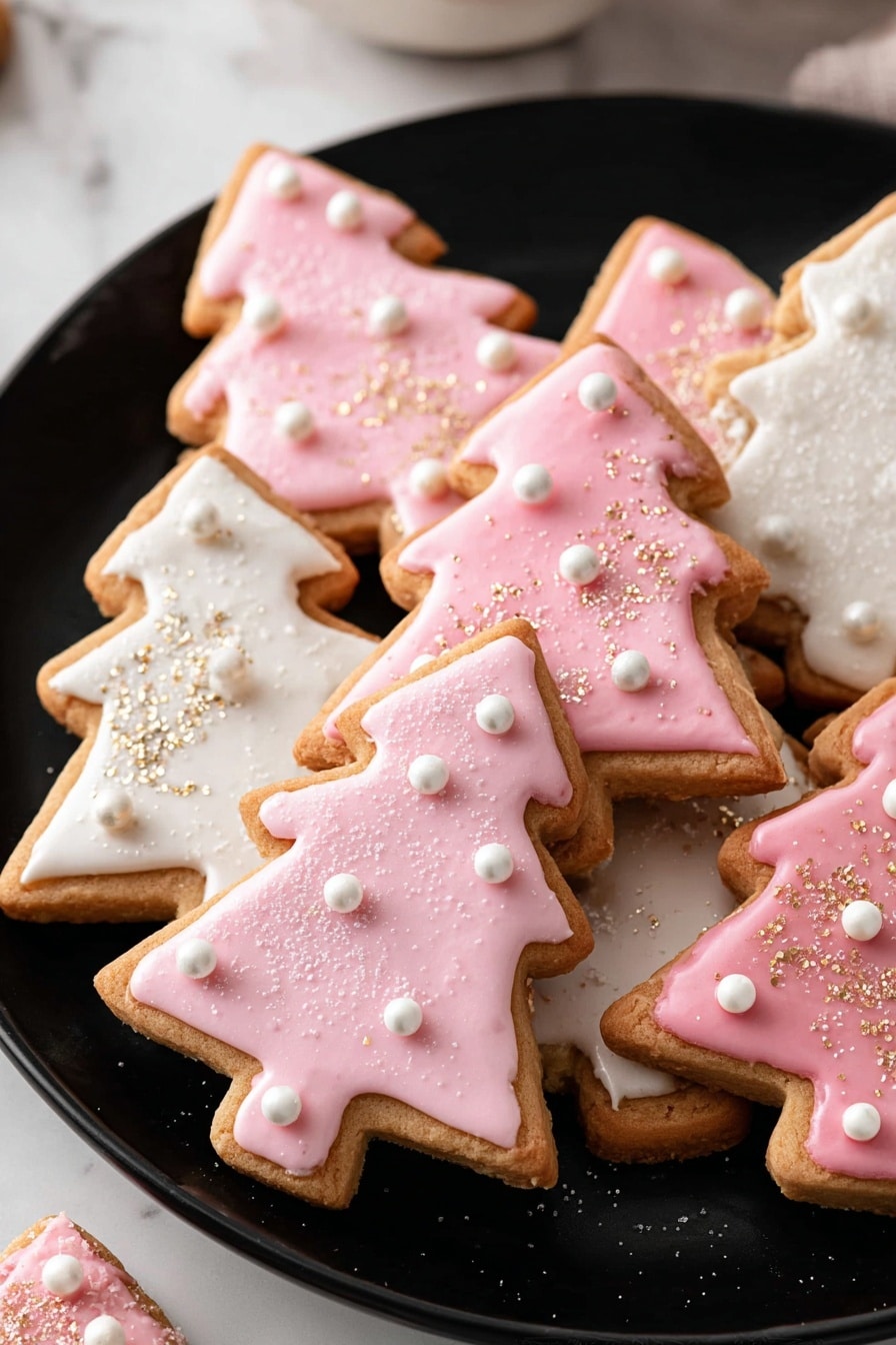 A group of Christmas tree-shaped cookies lie on a white marbled surface. Each cookie has two layers: a golden-brown base and a smooth frosting layer on top. The frosting colors alternate between pink and white. The pink frosted cookies are decorated with small round white pearls or red pearls and a fine sugar dusting, while the white frosted ones have gold sprinkles or white pearls. The cookies are arranged closely, some overlapping slightly, with one small pink cookie standing out among the larger ones. photo taken with an iphone --ar 2:3 --v 7 - Christmas Tree Sugar Cookies with Frosting, festive sugar cookie recipe, holiday baking cookies, Christmas dessert ideas, easy Christmas cookies
