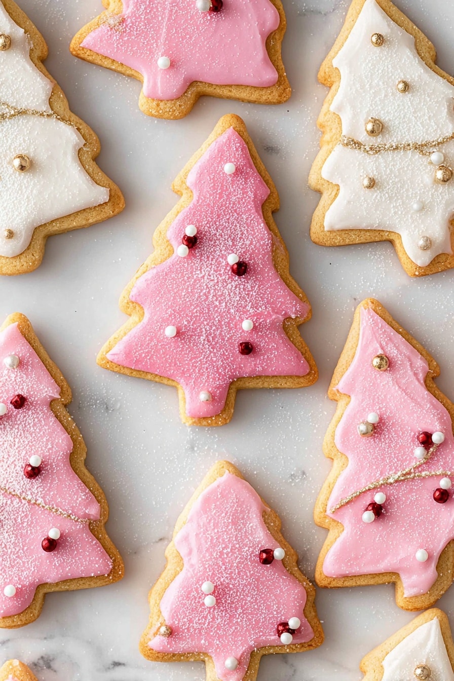 The image shows a black round plate holding several stacked Christmas tree-shaped cookies. Each cookie has two layers: a light brown base layer and a smooth pink icing layer shaped like a Christmas tree. The pink icing is decorated with small white and pink round dots that look like pearls, placed evenly across the trees. Underneath some cookies, white tree-shaped cookies with white icing and white pearl dots are visible, adding a contrast to the pink ones. The plate is on a white marbled surface. Photo taken with an iphone --ar 2:3 --v 7 - Christmas Tree Sugar Cookies with Frosting, festive sugar cookie recipe, holiday baking cookies, Christmas dessert ideas, easy Christmas cookies