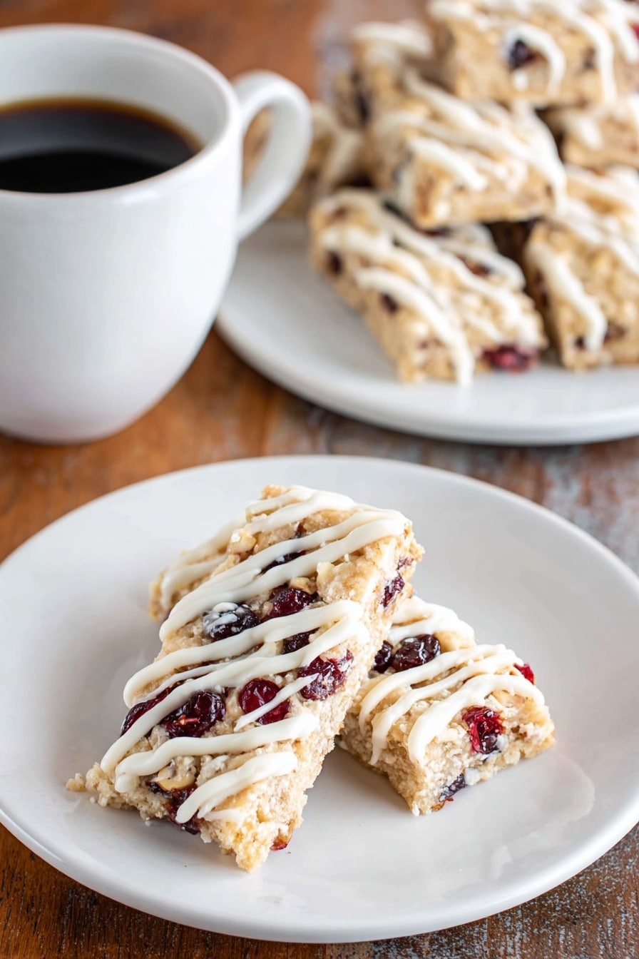 Two rectangular bars of light golden color with visible bits of cranberries and nuts sit stacked on a white plate at the front. Each bar is topped with thick, uneven white icing drizzled across in a criss-cross pattern. Behind the plate, a taller pile of similar bars fills another white plate. To the side, a white cup holds dark black coffee. All items rest on a wooden surface with a hint of white marbled texture. photo taken with an iphone --ar 2:3 --v 7 - Cranberry White Chocolate Shortbread Bars, cranberry shortbread bars, white chocolate cranberry dessert, tart and sweet holiday treat, easy shortbread bars