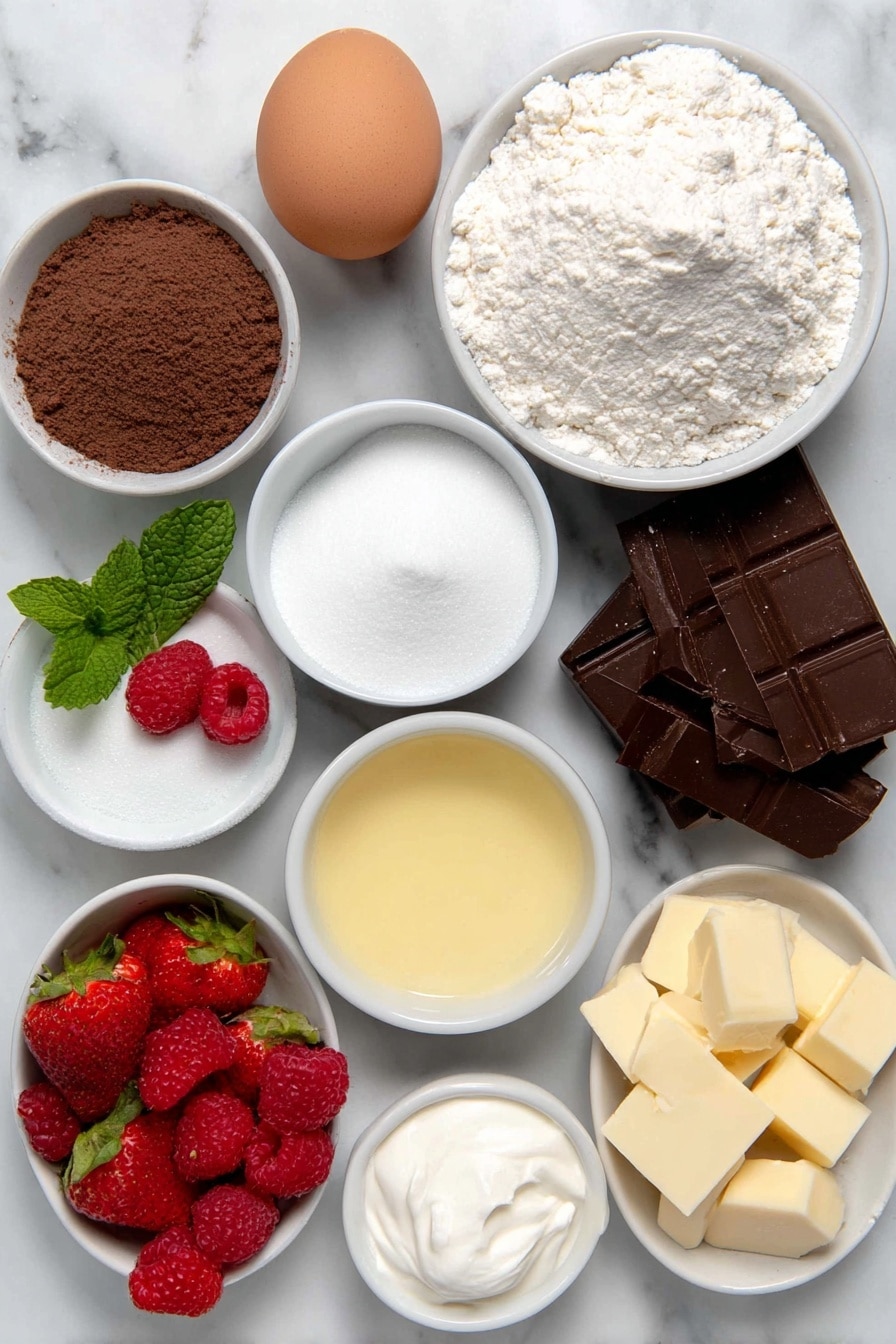 Flat lay of a small mound of fine white flour, a small white ceramic bowl filled with light brown baking powder powder, a small white bowl of fine white granulated sugar, a small white bowl of rich dark brown cocoa powder, a small white bowl with smooth melted golden butter, a small white bowl of creamy light milk, a single light brown egg with uncracked shell, a small white bowl of pale gelatin powder, a small white bowl filled with fresh white cream, a small white bowl with broken chunks of creamy white chocolate, a few bright red raspberries, a few fresh deep red strawberries with green leafy tops, a small white bowl holding fine white icing sugar, a few sprigs of fresh bright green mint leaves placed on a simple white ceramic plate placed on a clean white marble surface, soft natural light, photo taken with an iPhone, professional food photography style, fresh ingredients, white ceramic bowls, no bottles, no duplicates, no utensils, no packaging --ar 2:3 --v 7 --p m7354615311229779997 - White Chocolate Mousse Cake, white chocolate mousse cake, elegant white chocolate dessert, fluffy mousse cake, easy white chocolate cake