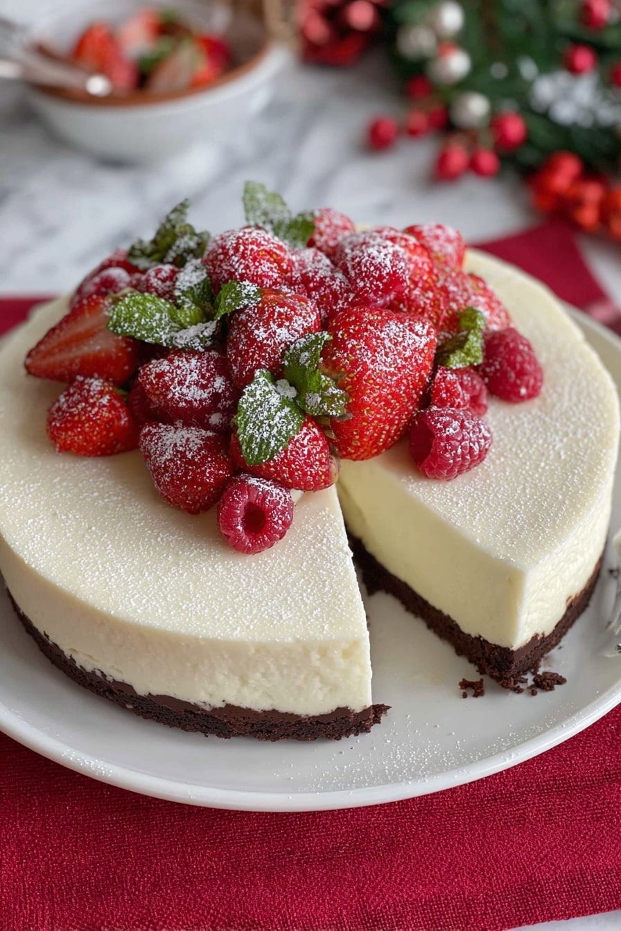 A round, white cake sits on a white plate over a festive red cloth with green leaves and red berries around the plate's edge. The cake has a smooth, creamy white surface with a light dusting of powdered sugar. On top, there is a central layer of sliced strawberries arranged in a neat circular pattern, mixed with whole raspberries. Both berries are dusted lightly with powdered sugar. Small green mint leaves are scattered among the berries, adding a fresh contrast of color. The cake looks soft and fresh, perfect for a holiday celebration. Photo taken with an iphone --ar 2:3 --v 7 - White Chocolate Mousse Cake, white chocolate mousse cake, elegant white chocolate dessert, fluffy mousse cake, easy white chocolate cake