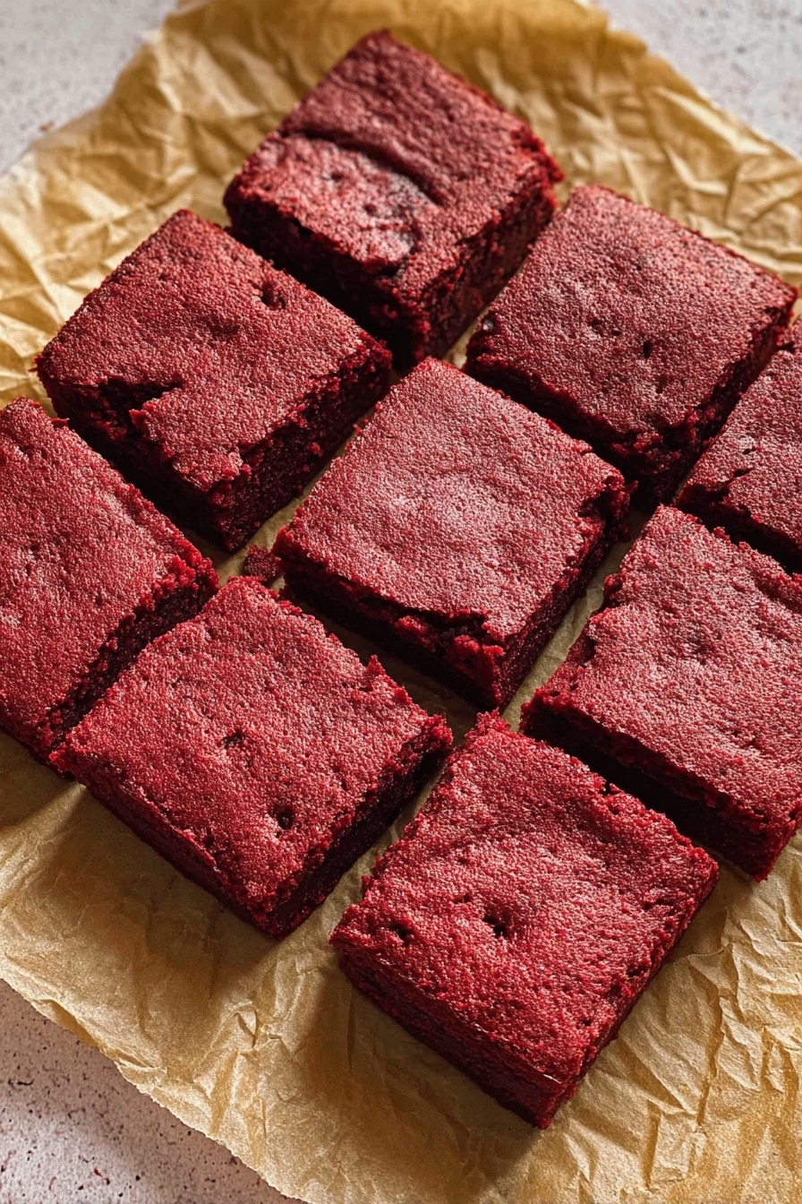 Nine square pieces of rich red velvet brownies sit neatly on crumpled light brown baking paper, showing a dense texture with slight cracks on the surface and soft edges. The brownies have a deep red color with hints of darker spots, placed on a white marbled surface. The top layer is even but has subtle wrinkles, and the middle appears moist and thick. Photo taken with an iphone --ar 2:3 --v 7 - Red Velvet Brownie, red velvet brownie recipe, fudgy red velvet bars, easy red velvet brownies, chocolate red velvet dessert