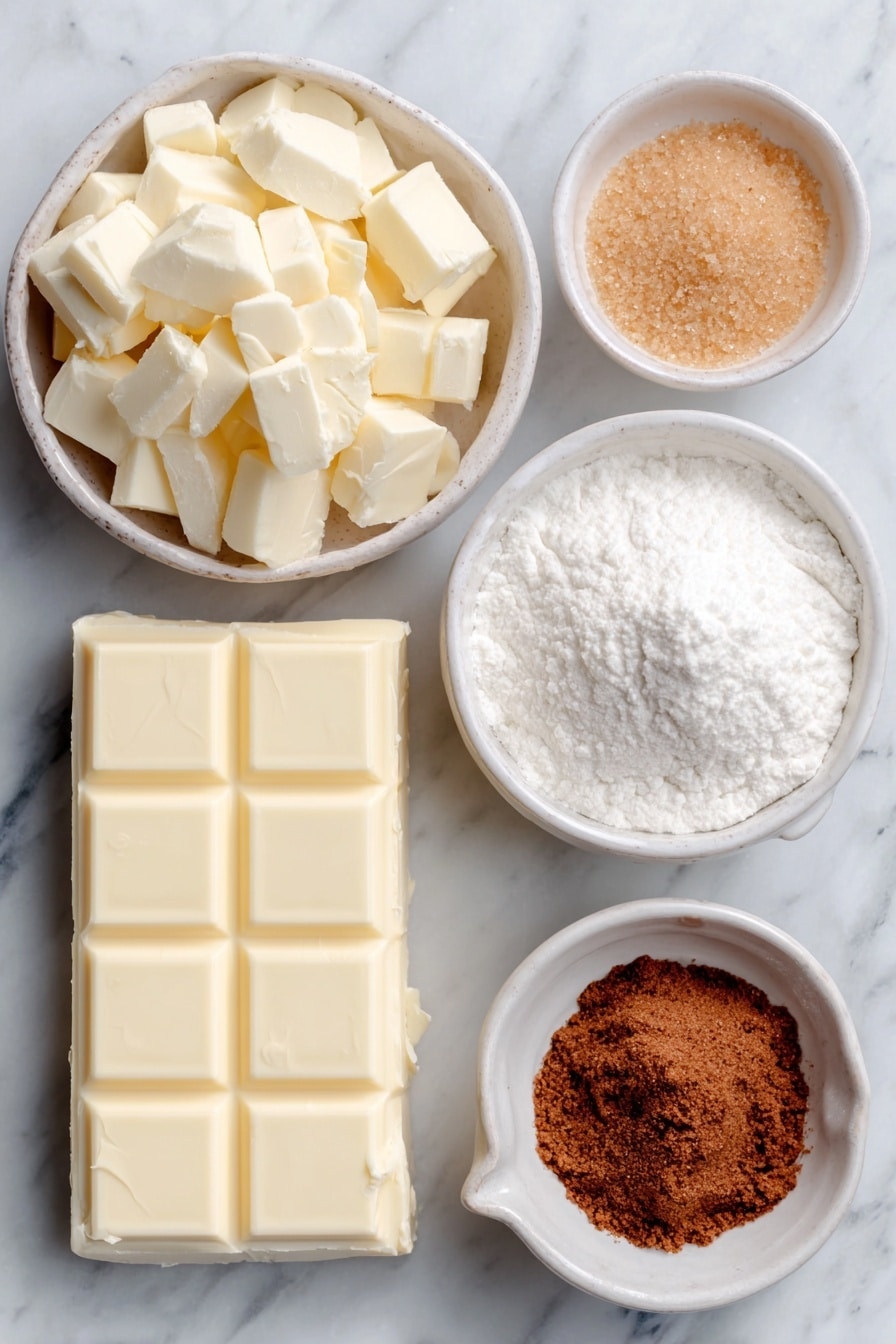 Flat lay of high-quality white chocolate chunks in a small pile, a whole uncracked brown egg with a clean shell (to represent butter substitute visually since no eggs are actually used), a small white ceramic bowl filled with thick sweetened condensed milk, a small white ceramic bowl containing fine cinnamon sugar, and a small white ceramic bowl with salted butter cubes, all arranged symmetrically and balanced, placed on a clean white marble surface, soft natural light, photo taken with an iPhone, professional food photography style, fresh ingredients, white ceramic bowls, no bottles, no duplicates, no utensils, no packaging --ar 2:3 --v 7 --p m7354615311229779997 - Cinnamon Sugar White Chocolate Fudge, white chocolate fudge, cinnamon fudge recipe, easy holiday fudge, homemade fudge dessert