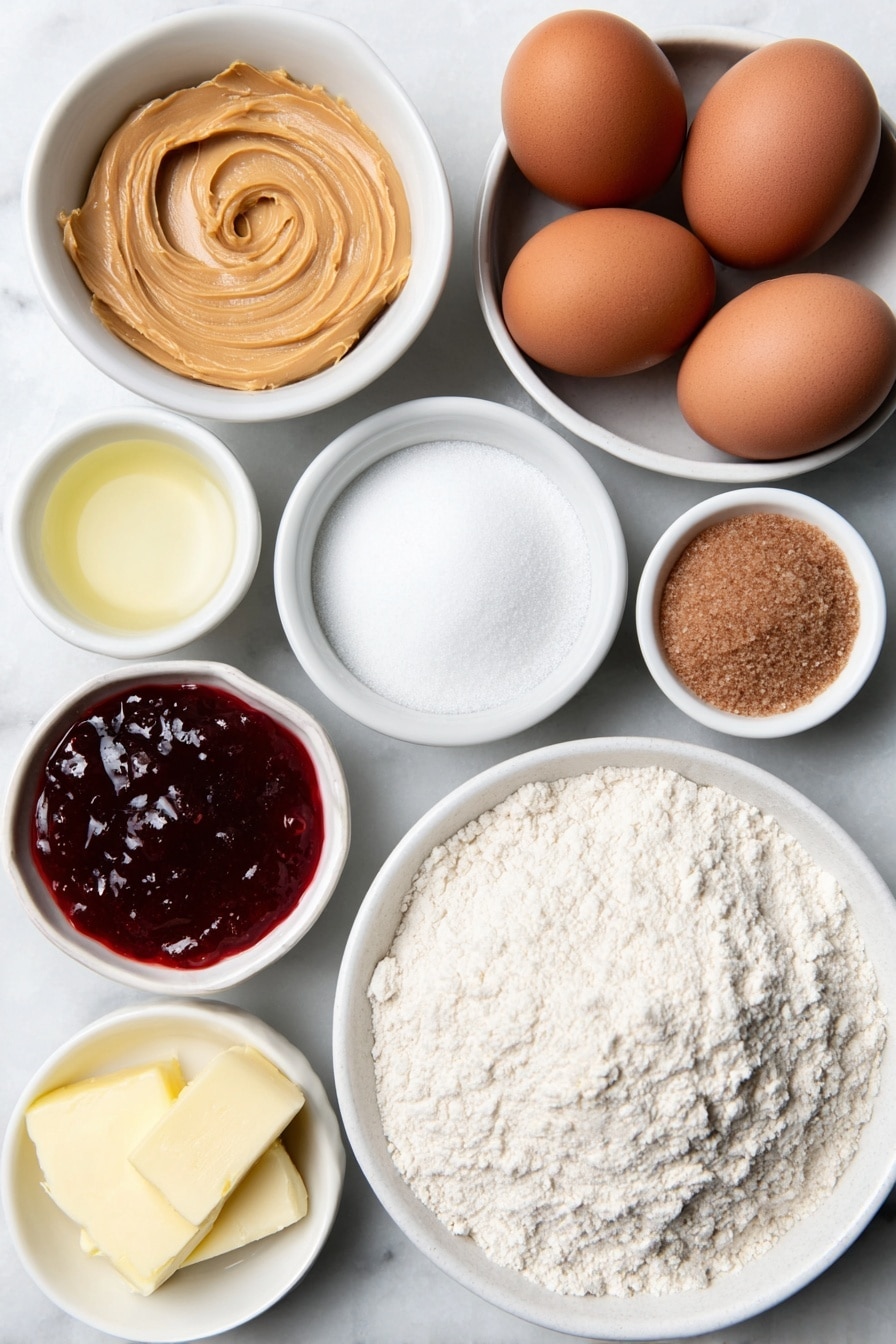 Flat lay of a small mound of creamy peanut butter, a small white ceramic bowl filled with granulated white sugar, a small white ceramic bowl with packed brown sugar, a square of unsalted butter, two whole uncracked brown eggs, a small white ceramic bowl with vanilla extract, a small pile of baking soda powder, a small pile of baking powder powder, a small pile of fine salt, a small heap of all-purpose flour, a small white ceramic bowl filled with bright red strawberry jam all arranged symmetrically around a simple white ceramic plate placed on a clean white marble surface, soft natural light, photo taken with an iPhone, professional food photography style, fresh ingredients, white ceramic bowls, no bottles, no duplicates, no utensils, no packaging --ar 2:3 --v 7 --p m7354615311229779997 - Peanut Butter and Jelly Cookie, peanut butter and jelly cookie recipe, soft chewy cookies, nostalgic cookie recipes, easy peanut butter cookies