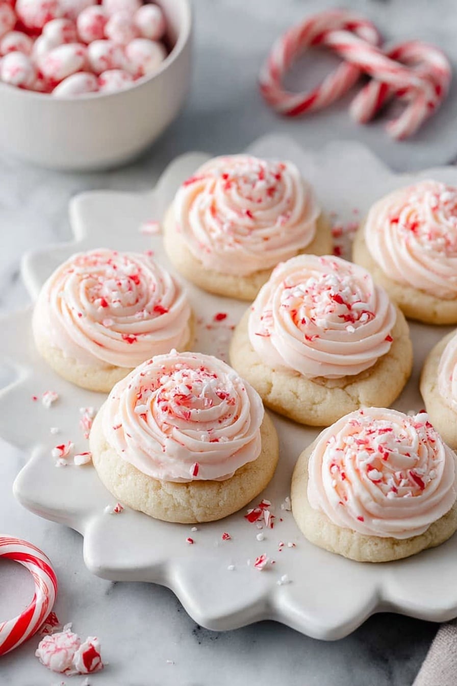 The image shows soft cookies with three layers: the base cookie layer is light beige and has a slightly cracked texture, topped with a swirl of smooth white frosting with a hint of cream color, finished with scattered small red and white crushed candy pieces. One cookie is broken in half showing a soft, airy inside. The cookies rest on a white plate with scalloped edges, placed on a white marbled surface. Photo taken with an iphone --ar 2:3 --v 7 - Peppermint Meltaways Cookies, holiday peppermint cookies, buttery peppermint cookies, peppermint dessert recipes, Christmas cookies