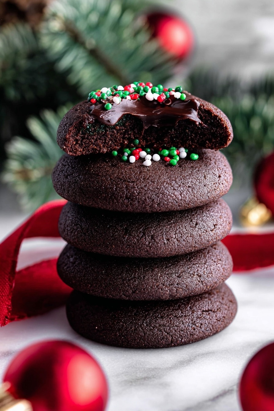 The image shows many round chocolate cookies with a deep dark brown color, each cookie having a smooth, shiny layer of dark chocolate icing in the center. The icing is glossy and topped with small round sprinkles in red, green, and white colors, scattered evenly. The cookies are placed closely together on a background with a white marbled texture. In the top left corner, there is a small white plate filled with extra red, green, and white sprinkles. Photo taken with an iphone --ar 2:3 --v 7 - Chocolate Thumbprint Cookies with Ganache, easy chocolate thumbprint cookies, decadent thumbprint cookie recipe, holiday chocolate cookies, quick chocolate dessert
