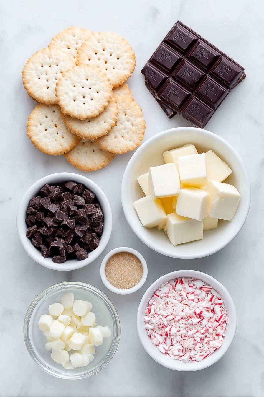 Flat lay of a neat stack of snowflake-shaped Ritz crackers, a small white ceramic bowl filled with golden salted butter cubes, a small white ceramic bowl with packed light brown sugar, a small white ceramic bowl holding clear vanilla extract liquid, a handful of roughly chopped dark chocolate chunks, a handful of chopped white chocolate pieces, a small white ceramic bowl with clear peppermint extract liquid, and a small white ceramic bowl filled with crushed red and white candy cane pieces, all arranged symmetrically and balanced, placed on a clean white marble surface, soft natural light, photo taken with an iPhone, professional food photography style, fresh ingredients, white ceramic bowls, no bottles, no duplicates, no utensils, no packaging --ar 2:3 --v 7 --p m7354615311229779997 - Peppermint Bark Crackers, holiday peppermint bark, easy holiday treats, festive Christmas snacks, peppermint chocolate bark