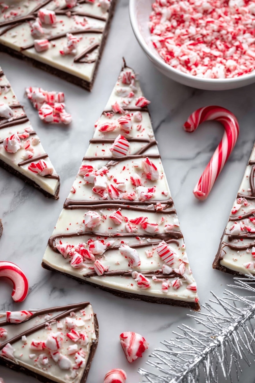 The image shows triangular peppermint bark pieces arranged on a white marbled surface. Each piece has three layers: a bottom layer of dark brown chocolate, a middle layer of white chocolate, and a top layer of white chocolate covered with crushed red and white peppermint candies. There are thin diagonal drizzles of dark chocolate across the top of each piece. Around the bark pieces, there are whole red and white candy canes and a round white bowl filled with more crushed peppermint candy at the top. A white decorative pine branch is visible in the lower right corner. Photo taken with an iphone --ar 2:3 --v 7 - Peppermint Bark Crackers, holiday peppermint bark, easy holiday treats, festive Christmas snacks, peppermint chocolate bark