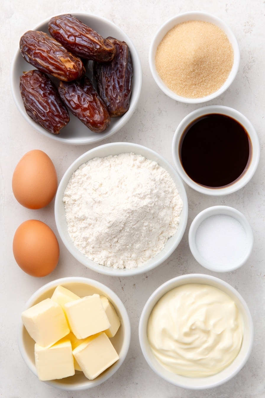 Flat lay of a small pile of glossy Medjool dates with wrinkled skin, a smooth dark puddle of unsulphured molasses in a small white ceramic bowl, a mound of pale all-purpose flour gently heaped in a white ceramic bowl, a small heap of fine light brown sugar crystals, two uncracked brown eggs with clean shells, two types of pale yellow unsalted butter—one cut into neat cold cubes and the other softly whipped and fluffy—each in white ceramic bowls, a small white bowl filled with granulated white sugar, a tiny pinch of coarse salt crystals sprinkled on the white surface, a delicate mound of fine cornstarch in a white ceramic bowl, a small white bowl containing creamy whole milk, a separate small white bowl of thick heavy cream, and a small white bowl holding amber vanilla bean paste, all ingredients arranged symmetrically on a clean white marble surface, soft natural light, photo taken with an iPhone, professional food photography style, fresh ingredients, white ceramic bowls, no bottles, no duplicates, no utensils, no packaging --ar 2:3 --v 7 --p m7354615311229779997 - Toffee Date Cookies with Creamy Frosting, decadent date cookie recipe, easy toffee dessert, soft chewy cookies with frosting, holiday cookie ideas