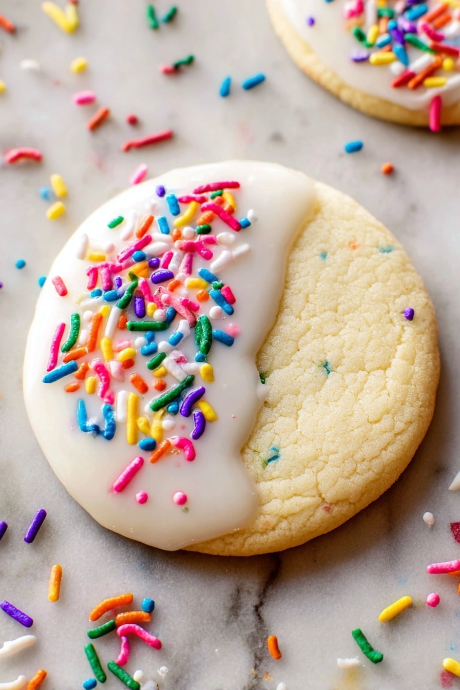 The image shows several round sugar cookies placed on a brown baking sheet. Each cookie is decorated with one half covered in smooth white icing, which slightly drips down the sides. The icing is topped with colorful, small cylindrical sprinkles in shades of pink, yellow, green, blue, red, and orange, giving a bright and playful look. The other half of each cookie remains plain and light beige in color. Some sprinkles are scattered around the cookies on the baking sheet, adding to the vibrant scene. photo taken with an iphone --ar 2:3 --v 7 - Best Sugar Cookie Recipe for Cut-Out Cookies, cut-out sugar cookies, homemade cookie recipes, holiday cookie ideas, easy sugar cookies