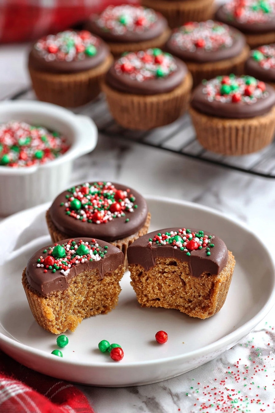 A close-up of a dessert with three layers: the bottom layer is a white bowl filled with small round red and green candy balls; on top of the candy is a textured brown cookie or cake layer; above this is a chocolate cup filled with a smooth chocolate layer, also sprinkled with red and green candy balls. The background shows more similar desserts placed on a wire rack and a white bowl, all set on a white marbled surface with a red cloth visible under the rack. photo taken with an iphone --ar 2:3 --v 7 - Peanut Butter Cup Stuffed Ginger Cookies, Ginger Cookies with Peanut Butter Cups, Spicy Ginger Cookies, Holiday Ginger Cookies, Easy Ginger Cookie Recipe