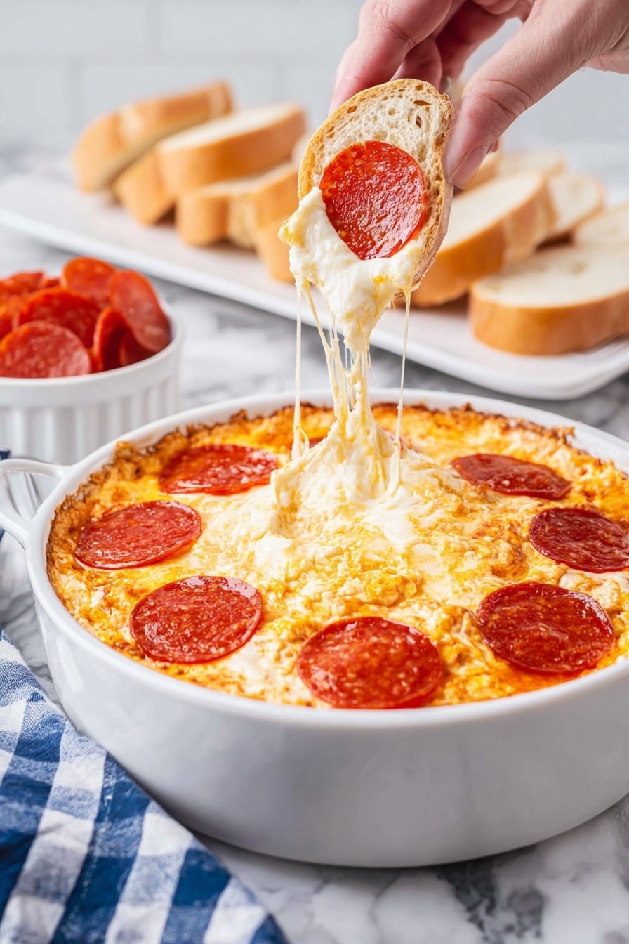 A white round dish with one layer of melted cheese that is creamy white and light golden at the edges, topped with a single layer of round, shiny pepperoni slices that are dark red with small orange oil spots and a slightly crispy look, evenly spaced on top. Around the dish are small white bowls, one filled with thin white bread slices stacked, another with dark golden round crackers, and a third with more pepperoni slices. The items all sit on a white marbled surface with a blue and white checkered cloth nearby. photo taken with an iphone --ar 2:3 --v 7 - Pepperoni Dip with Cheese and Marinara, cheesy pepperoni dip, easy party dip, Italian appetizer recipe, crowd-pleasing cheese dip