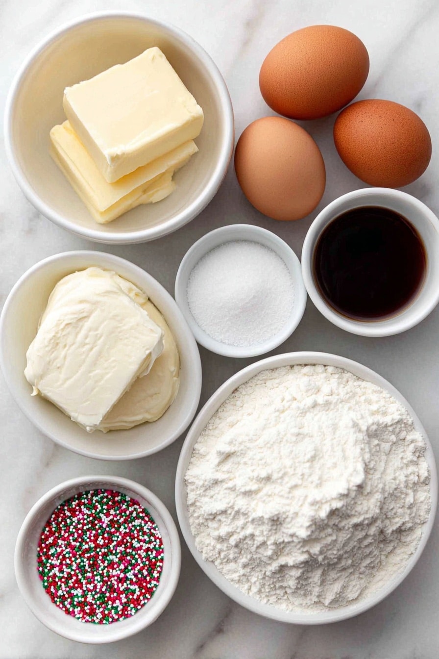 Flat lay of unsalted butter in a small white ceramic bowl, vegetable shortening in a small white ceramic bowl, granulated sugar in a small white ceramic bowl, two large whole brown eggs with clean shells, a small white ceramic bowl with vanilla extract, all-purpose flour in a small white ceramic bowl, a small white ceramic bowl with vanilla instant pudding mix powder, a small white ceramic bowl with baking powder, a small white ceramic bowl with salt, and a small white ceramic bowl filled with colorful Christmas sprinkles, all arranged with perfect symmetry, placed on a clean white marble surface, soft natural light, photo taken with an iPhone, professional food photography style, fresh ingredients, white ceramic bowls, no bottles, no duplicates, no utensils, no packaging --ar 2:3 --v 7 --p m7354615311229779997 - Christmas Sprinkle Pudding Cookies, festive holiday cookies, chewy vanilla pudding cookies, colorful Christmas cookie recipes, easy holiday cookie ideas