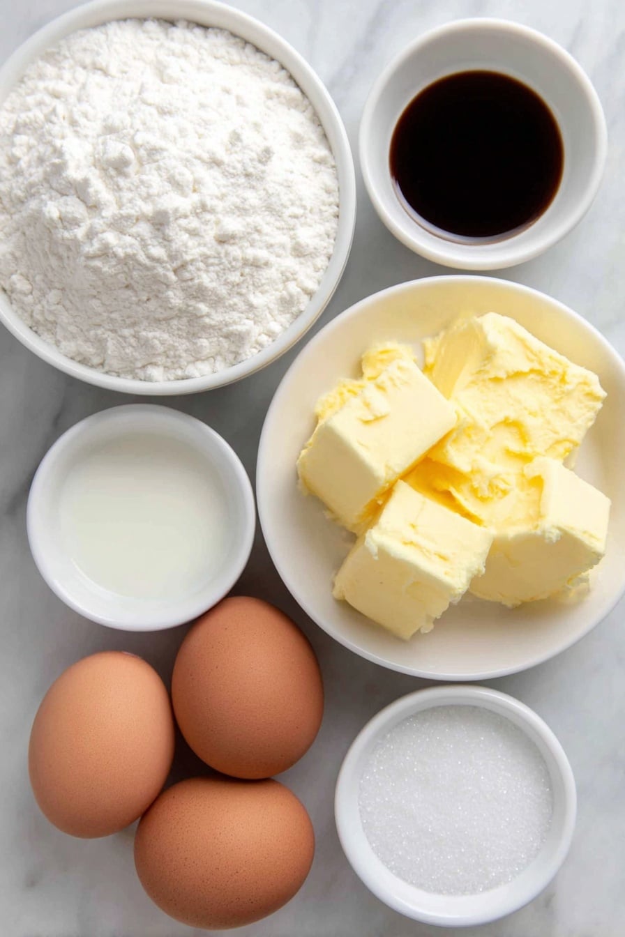 Flat lay of a small mound of granulated sugar, a half cup of unsalted butter chunk at room temperature, two large whole brown eggs with clean shells, a small white bowl of vanilla extract, a pile of all-purpose flour, a small white bowl with baking powder, a small white bowl with salt, a small white bowl containing whole milk, all arranged in perfect symmetry on simple white ceramic dishes placed on a clean white marble surface, soft natural light, photo taken with an iPhone, professional food photography style, fresh ingredients, white ceramic bowls, no bottles, no duplicates, no utensils, no packaging --ar 2:3 --v 7 --p m7354615311229779997 - Classic Old-fashioned Tea Cakes, old-fashioned tea cakes, vintage tea cakes recipe, simple tea cakes, traditional tea cakes