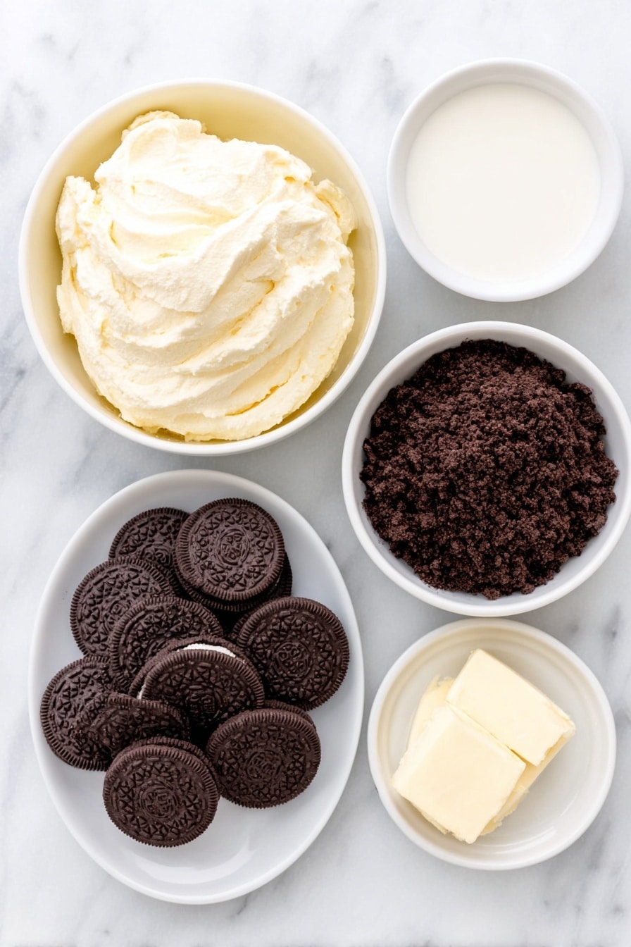 Flat lay of a small white ceramic bowl filled with fresh whole milk, a small white ceramic bowl containing smooth instant vanilla pudding powder, a generous mound of fluffy whipped topping on a simple white plate, and a neat pile of whole Oreo cookies alongside a small white ceramic bowl of crushed Oreo cookie pieces, arranged symmetrically and balanced, placed on a clean white marble surface, soft natural light, photo taken with an iPhone, professional food photography style, fresh ingredients, white ceramic bowls, no bottles, no duplicates, no utensils, no packaging --ar 2:3 --v 7 --p m7354615311229779997 - Oreo Fluff Dessert, no-bake Oreo dessert, quick Oreo fluff, creamy chocolatey dessert, crowd-pleasing Oreo treat
