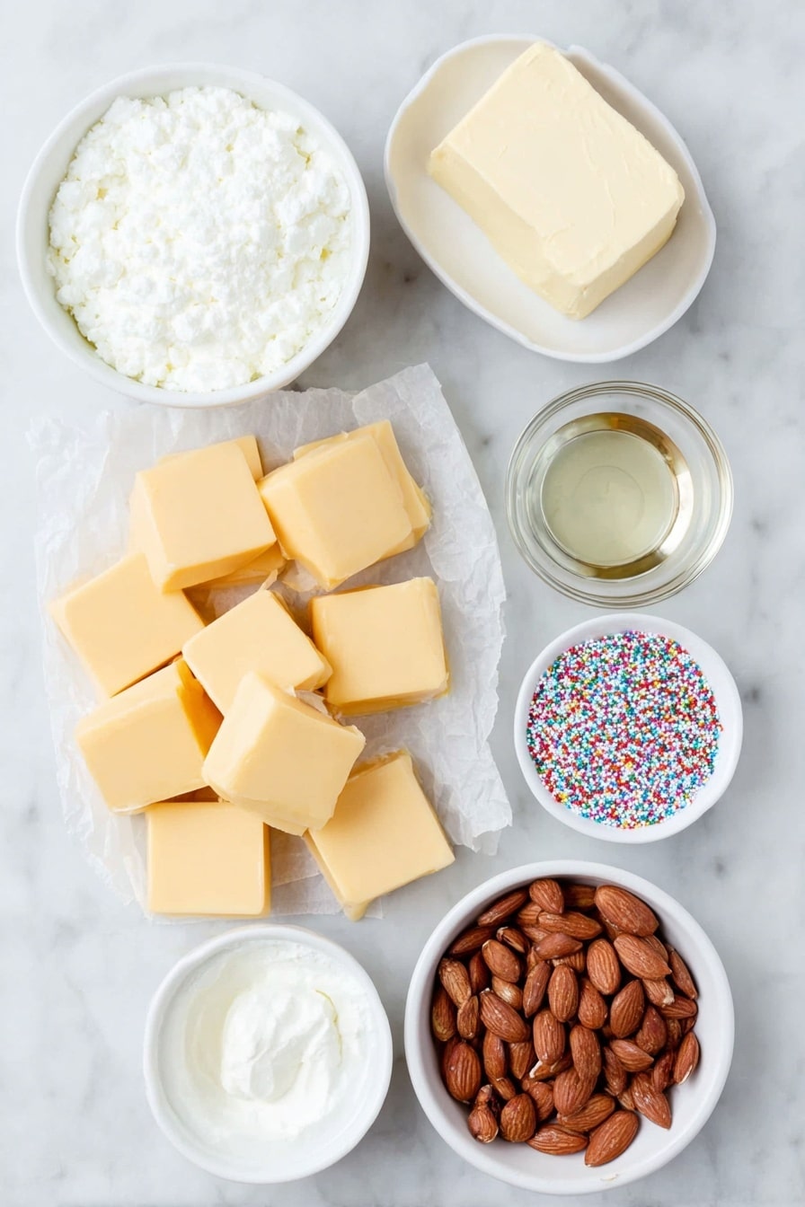Flat lay of unwrapped golden caramel squares arranged neatly, a small white bowl of rich heavy whipping cream, a chunk of creamy butter resting on a white ceramic dish, a small white bowl holding clear vanilla extract, a pile of roasted salted peanuts, a smooth block of white almond bark on a white plate, and a small white bowl filled with colorful round sprinkles, all placed on a clean white marble surface, soft natural light, photo taken with an iPhone, professional food photography style, fresh ingredients, white ceramic bowls, no bottles, no duplicates, no utensils, no packaging --ar 2:3 --v 7 --p m7354615311229779997 - Polar Bear Paws Caramel Peanut Clusters, caramel peanut clusters, white chocolate candy, holiday treats, easy candy recipes