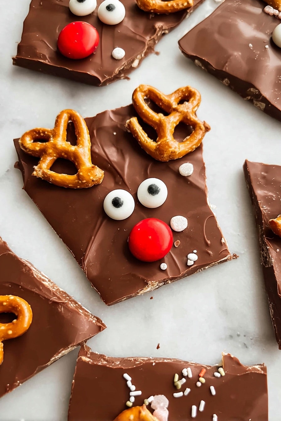 The image shows several pieces of chocolate bark broken into irregular square shapes placed on a white marbled surface. Each piece has a smooth, shiny milk chocolate base with slightly uneven edges. On top, two pretzels are placed side by side at the upper part of each piece to look like antlers with a rough texture and light brown color. Below the pretzels, two round candy eyes with white and black colors sit close together near the center. A bright red round candy is placed below the eyes to resemble a red nose. Some pieces also have small white round and flower-shaped sprinkles scattered nearby on the chocolate surface. Photo taken with an iphone --ar 2:3 --v 7 - Reindeer Chocolate Bark with Pretzels, holiday chocolate bark, festive Christmas treats, easy holiday snacks, reindeer dessert ideas