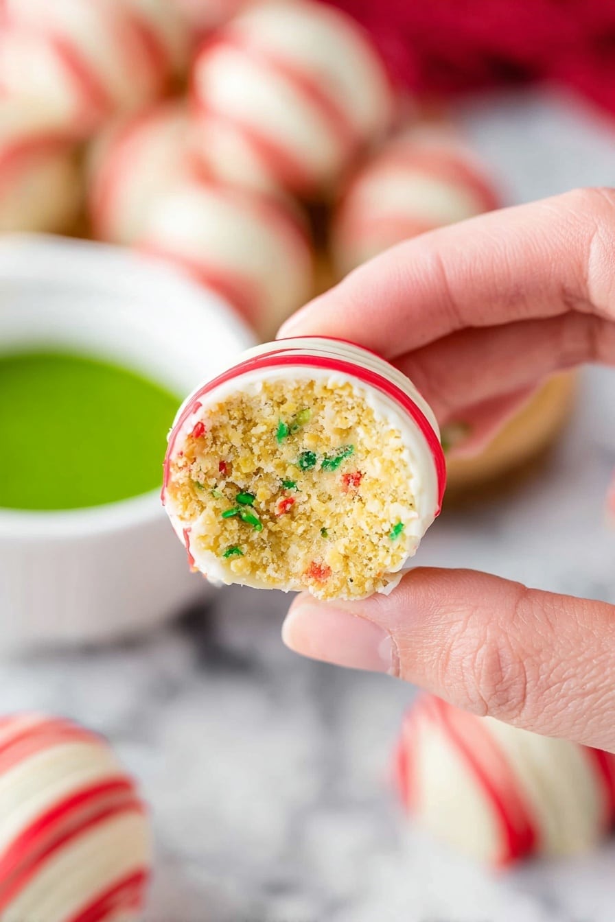A close-up image shows a woman's hand holding a round treat with two visible layers: the outer layer is smooth and white with red stripes wrapped around it in a spiral pattern, while the inside layer is a crumbly, yellowish center with small green and red specks. In the background, more of these striped treats are arranged on a white marbled surface, and a white bowl with green dipping sauce is slightly out of focus. The setting is bright and clean with the main focus on the held treat. photo taken with an iphone --ar 2:3 --v 7 - Christmas Tree Cake Balls, Christmas Tree Cake Balls Recipe, festive holiday treats, easy Christmas cake bites, holiday dessert ideas