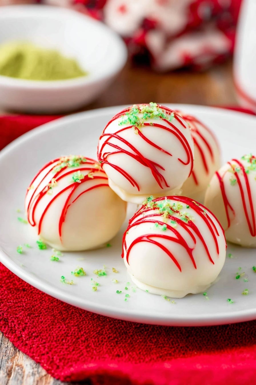 A white plate holds five round cookies covered in smooth white icing. Each cookie is decorated with thin red icing lines draped across the top and sprinkled with small green sugar dots. The plate sits on a red cloth with white patterns, and around it are more cookies matching the same decoration. Behind the plate is a white bowl filled with green sugar sprinkles, and next to it is a clear glass of milk. The whole setup is on a white marbled texture surface. photo taken with an iphone --ar 2:3 --v 7 - Christmas Tree Cake Balls, Christmas Tree Cake Balls Recipe, festive holiday treats, easy Christmas cake bites, holiday dessert ideas