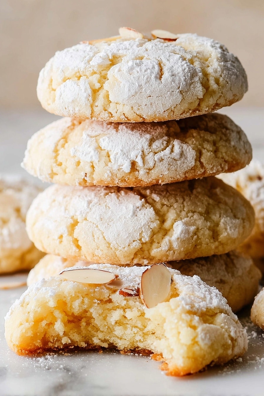 The image shows many round cookies arranged closely together in neat rows. Each cookie has a slightly cracked surface with a light beige color, dusted with a thin layer of white powdered sugar. Small almond slices peek out from inside the cookie, adding texture and a hint of brown color. The cookies have a soft, crumbly texture, and the edges are gently rounded. They rest on a background with a white marbled texture. photo taken with an iphone --ar 2:3 --v 7 - Almond Butter Cookies, Almond Butter Cookies Recipe, Nutty Cookie Recipe, Easy Almond Cookies, Healthy Almond Cookies