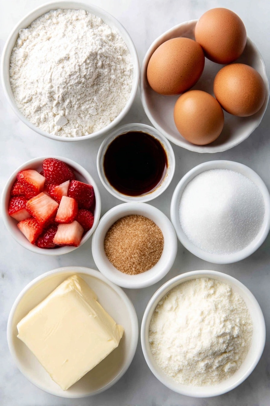 Flat lay of a small bowl of all purpose flour, a small bowl of granulated sugar, a small bowl of light brown sugar, a small bowl of baking powder powder, a small bowl of baking soda powder, two whole brown eggs with clean shells, a small bowl of vanilla extract, a few fresh diced strawberries, a block of unsalted butter at room temperature, all arranged in perfect symmetry on simple white ceramic bowls placed on a clean white marble surface, soft natural light, photo taken with an iPhone, professional food photography style, fresh ingredients, white ceramic bowls, no bottles, no duplicates, no utensils, no packaging --ar 2:3 --v 7 --p m7354615311229779997 - Strawberry Shortcake Cookies, strawberry cookies recipe, shortbread strawberry cookies, easy strawberry dessert, homemade strawberry cookies