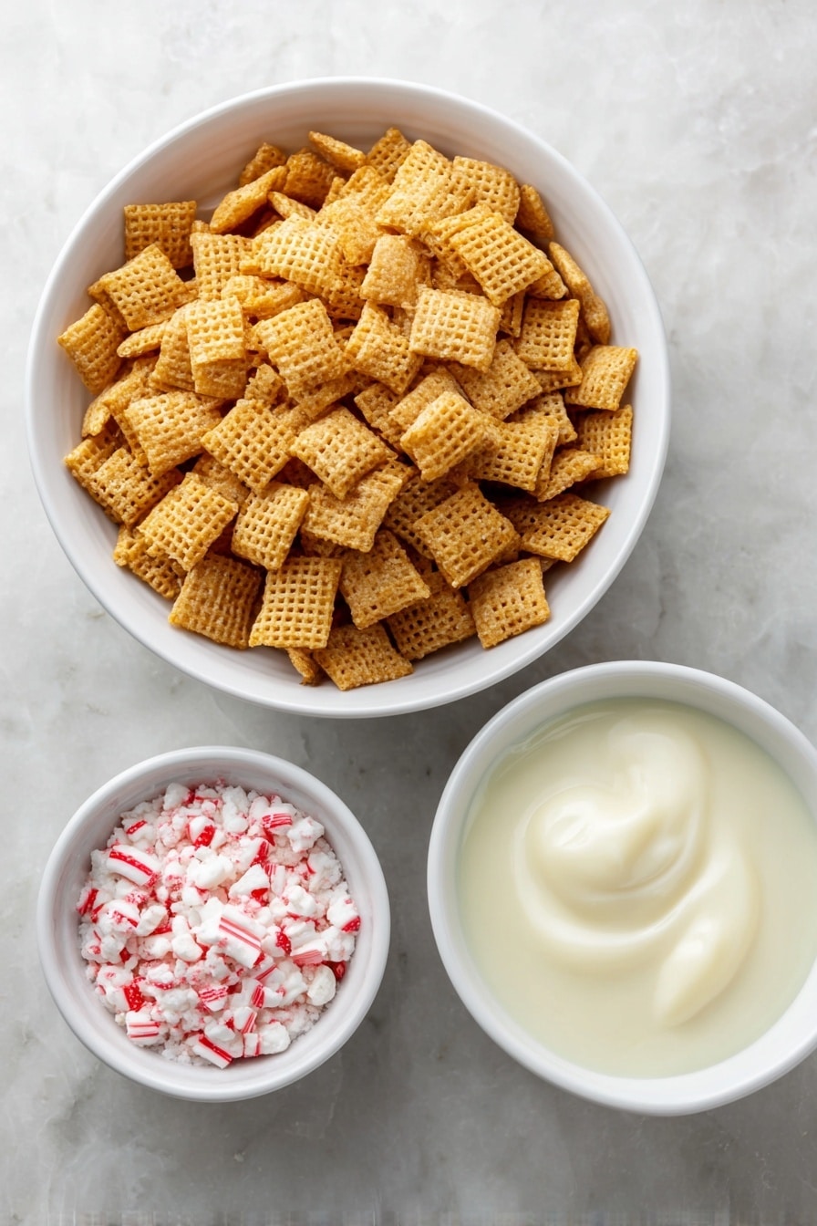 Flat lay of a generous pile of crisp, golden rice Chex cereal, a small mound of finely crushed bright red and white candy cane pieces, and a small white ceramic bowl filled with smooth, glossy melted white chocolate, all arranged in perfect symmetry on a clean white marble surface, soft natural light, photo taken with an iPhone, professional food photography style, fresh ingredients, white ceramic bowls, no bottles, no duplicates, no utensils, no packaging --ar 2:3 --v 7 --p m7354615311229779997 - Peppermint Bark Puppy Chow, festive puppy chow, holiday snack recipes, peppermint treats, crunchy cereal snacks