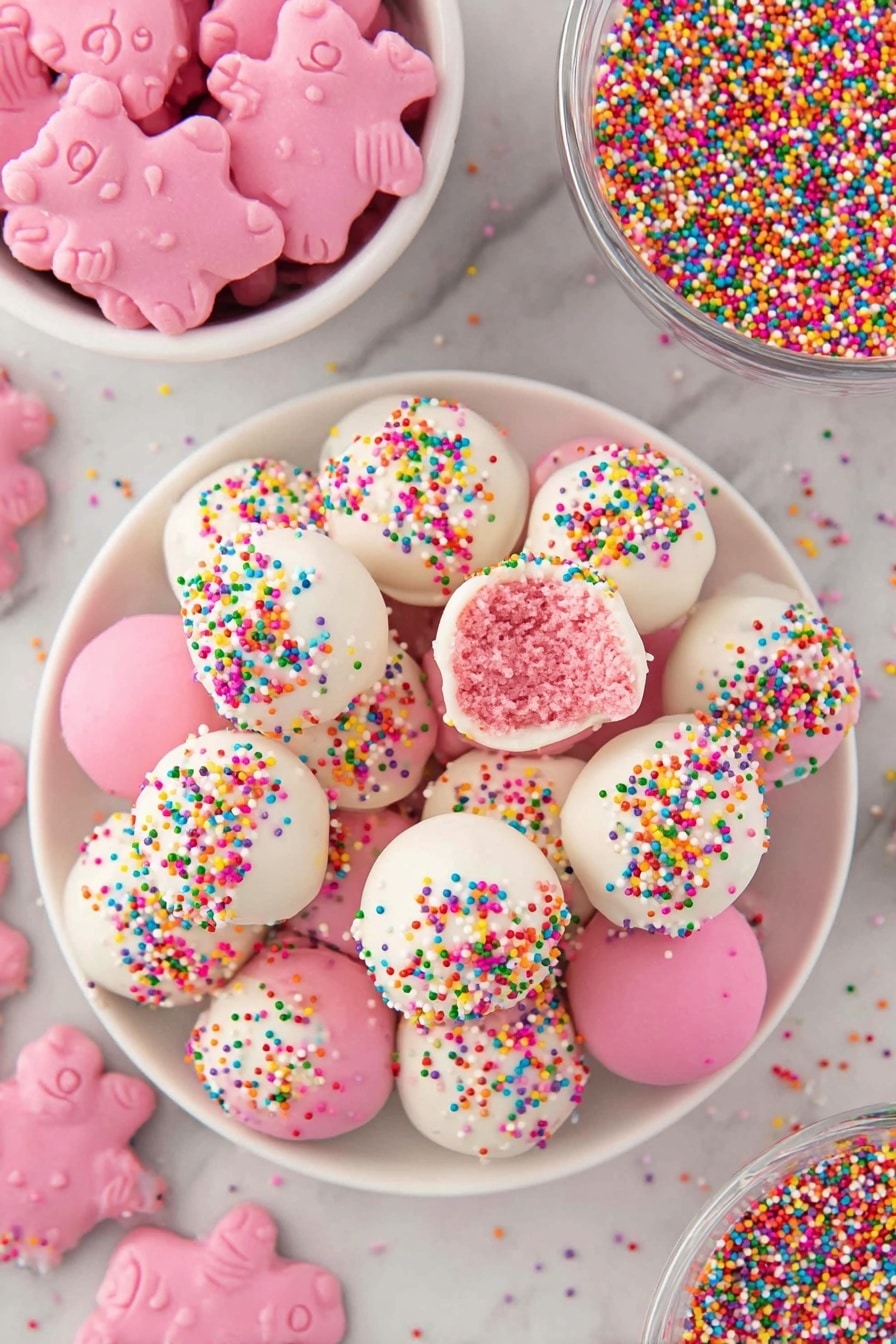 The image shows a white plate with black dots, holding a round pink treat cut in half to show its inside, which is a light pink mix with small colorful sprinkles inside. The treat has a smooth white coating and is topped with round colorful sprinkles. Around the plate, there are pink and white coated treats with sprinkles. In the background, a white bowl holds more of these pink and white treats. The surface beneath is a white marbled texture. photo taken with an iphone --ar 2:3 --v 7 - Circus Animal Cookie Balls, Circus Animal Cookie Balls recipe, no-bake cookie treats, colorful cookie bites, easy party snacks