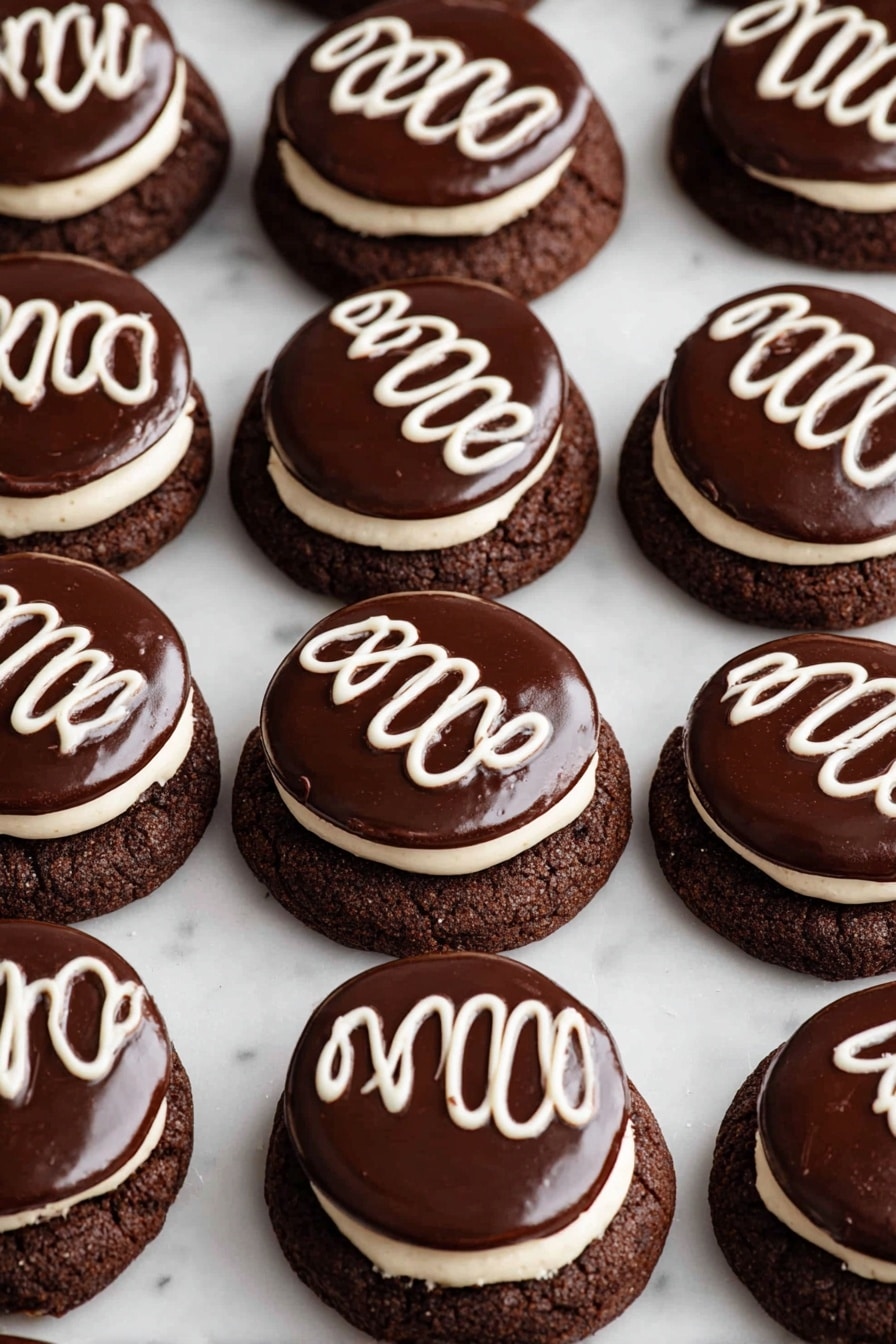 The image shows many chocolate cookies placed closely together on a white marbled surface. Each cookie has three layers: the bottom layer is a dark brown, rough-textured chocolate cookie. The middle layer is thick and light cream in color, looking soft and smooth. The top layer is a shiny, dark chocolate round spread with a slightly uneven surface. On each chocolate top, there is a white wavy line decoration, similar to a simple swirl pattern running across the circle. The cookies fill the whole frame evenly, with no empty spaces. photo taken with an iphone --ar 2:3 --v 7 - Hostess Cupcake Cookies with Marshmallow Frosting, nostalgic cookie recipes, chocolate marshmallow cookies, homemade Hostess cupcake treats, marshmallow frosting cookies