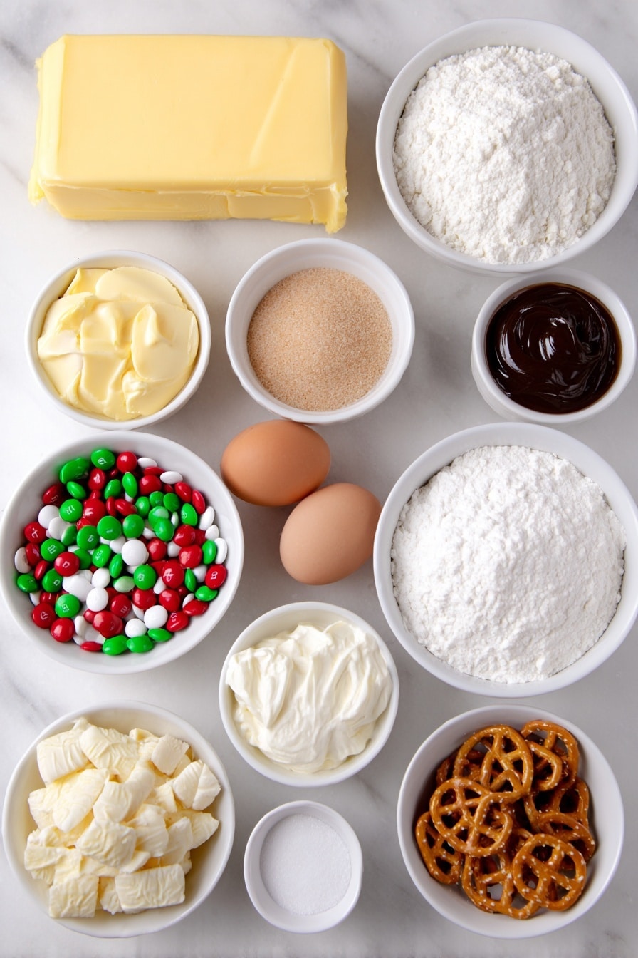 Flat lay of a small block of salted butter, a small bowl of packed light brown sugar, a small bowl of granulated white sugar, two whole uncracked brown eggs, a small white bowl of vanilla bean paste, a small mound of all-purpose flour, a small white bowl with baking powder, a small white bowl with baking soda, a small white bowl with salt, a small white bowl filled with red and green M&M's, a small white bowl of white chocolate chips, a small white bowl of pretzel pieces, a small white bowl of potato chip pieces, and a small white bowl of red and green jimmies, all arranged symmetrically on a clean white marble surface, soft natural light, photo taken with an iPhone, professional food photography style, fresh ingredients, white ceramic bowls, no bottles, no duplicates, no utensils, no packaging --ar 2:3 --v 7 --p m7354615311229779997 - Christmas Kitchen Sink Cookies, holiday cookie recipes, festive cookie ideas, homemade Christmas cookies, colorful holiday treats