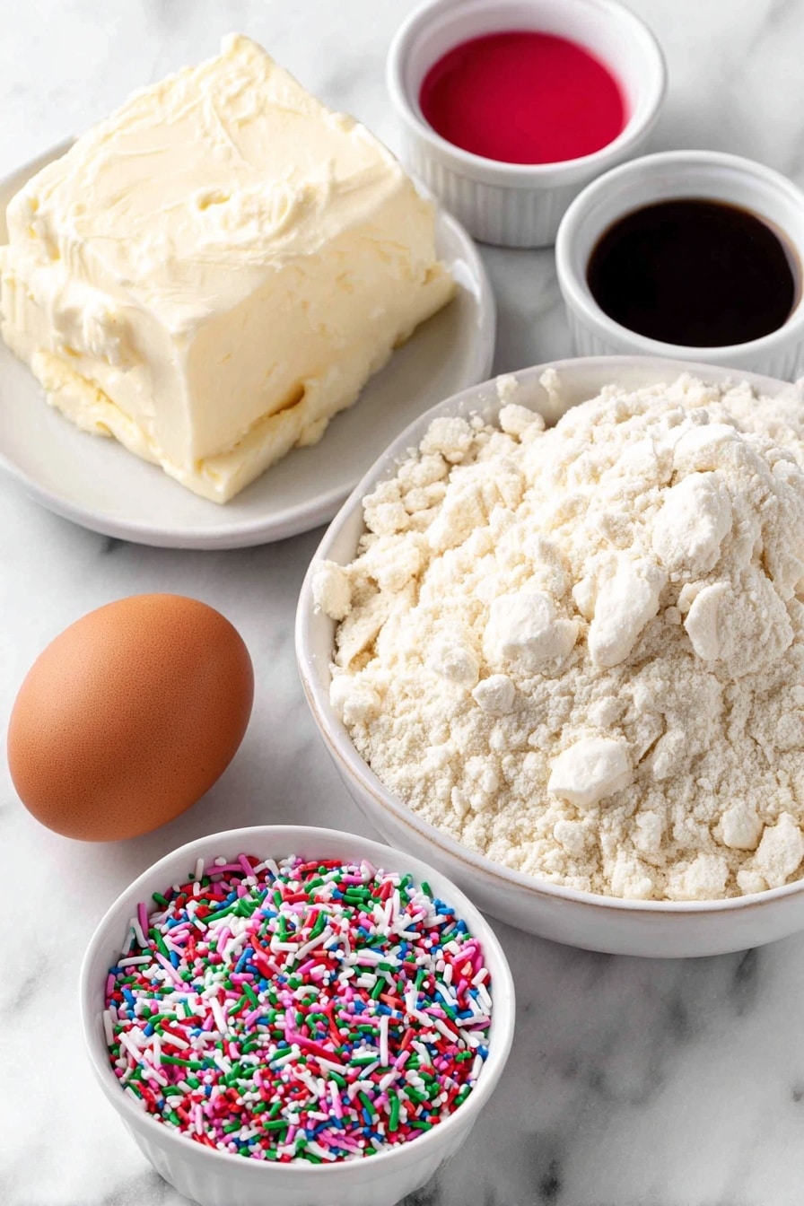 Flat lay of a small mound of pale beige sugar cookie mix on a simple white ceramic plate, a square piece of soft cream cheese on a white ceramic dish, a small pat of salted butter on a white ceramic saucer, one large uncracked brown egg, two small white ceramic bowls each containing vibrant red and green liquid food coloring, a shallow white ceramic bowl filled with colorful Christmas sprinkles, all arranged with perfect symmetry, placed on a clean white marble surface, soft natural light, photo taken with an iPhone, professional food photography style, fresh ingredients, white ceramic bowls, no bottles, no duplicates, no utensils, no packaging --ar 2:3 --v 7 --p m7354615311229779997 - Festive Christmas Sprinkle Cookies, Christmas cookies with sprinkles, holiday sugar cookie ideas, easy Christmas cookie recipes, colorful holiday treats