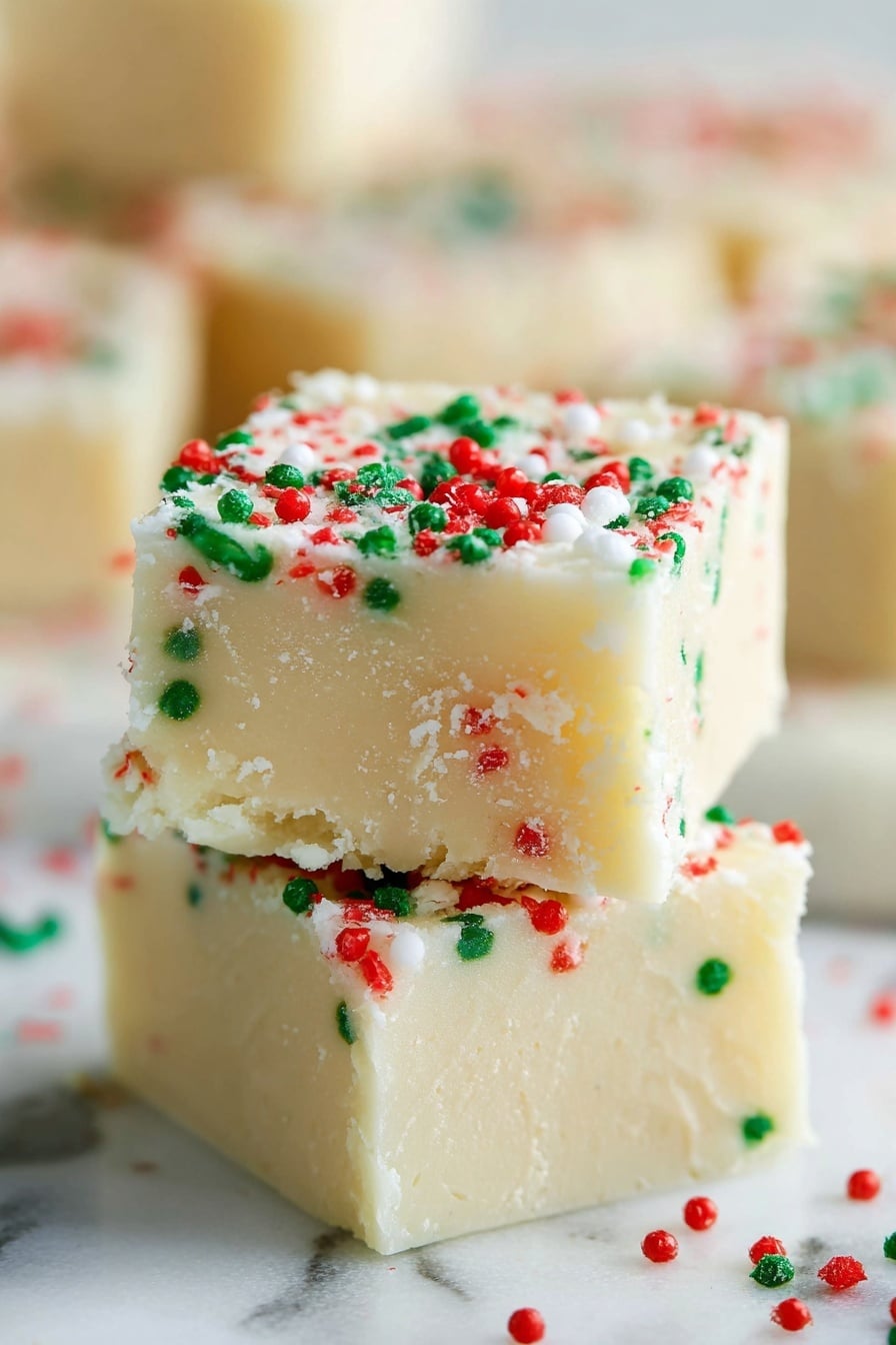 The image shows three square pieces of white fudge stacked on a white plate with a white marbled surface underneath. Each fudge square is smooth and creamy in color, topped with festive red, green, and white sprinkles scattered evenly across the top layer. The bottom layer is solid and thick, supporting a slightly thinner top layer with a matte texture. In the background, more pieces of the same fudge with similar colorful sprinkles are visible on a white plate, slightly out of focus. The scene is bright and clean, highlighting the texture and colors of the fudge. photo taken with an iphone --ar 2:3 --v 7 - Christmas Sugar Cookie Fudge, festive fudge recipes, holiday sugar cookie treats, easy Christmas fudge, peppermint sugar cookie fudge