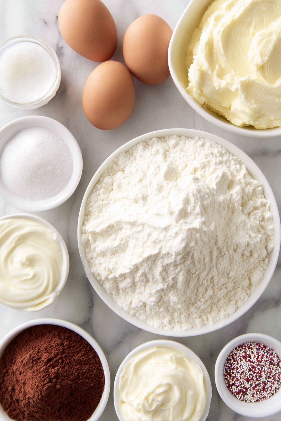 Flat lay of a small mound of softened unsalted butter, a small white ceramic bowl filled with granulated sugar, a small white ceramic bowl holding clear pale vanilla extract, three whole uncracked brown eggs, a small white ceramic bowl of thick sour cream, a small white ceramic bowl with whole milk, a neat pile of all-purpose flour, a small white ceramic bowl containing baking powder, a small white ceramic bowl with baking soda, a small white ceramic bowl with salt, a small white ceramic bowl of ground cinnamon, a small white ceramic bowl filled with colorful Christmas sprinkles, a small white ceramic bowl of powdered sugar, a small white ceramic bowl containing heavy cream, and a small white ceramic bowl with vanilla extract placed on a clean white marble surface, soft natural light, photo taken with an iPhone, professional food photography style, fresh ingredients, white ceramic bowls, no bottles, no duplicates, no utensils, no packaging --ar 2:3 --v 7 --p m7354615311229779997 - Festive Christmas Bread with Sprinkles, Christmas bread recipe, holiday bread with sprinkles, colorful Christmas dessert bread, cinnamon sweet bread for holidays