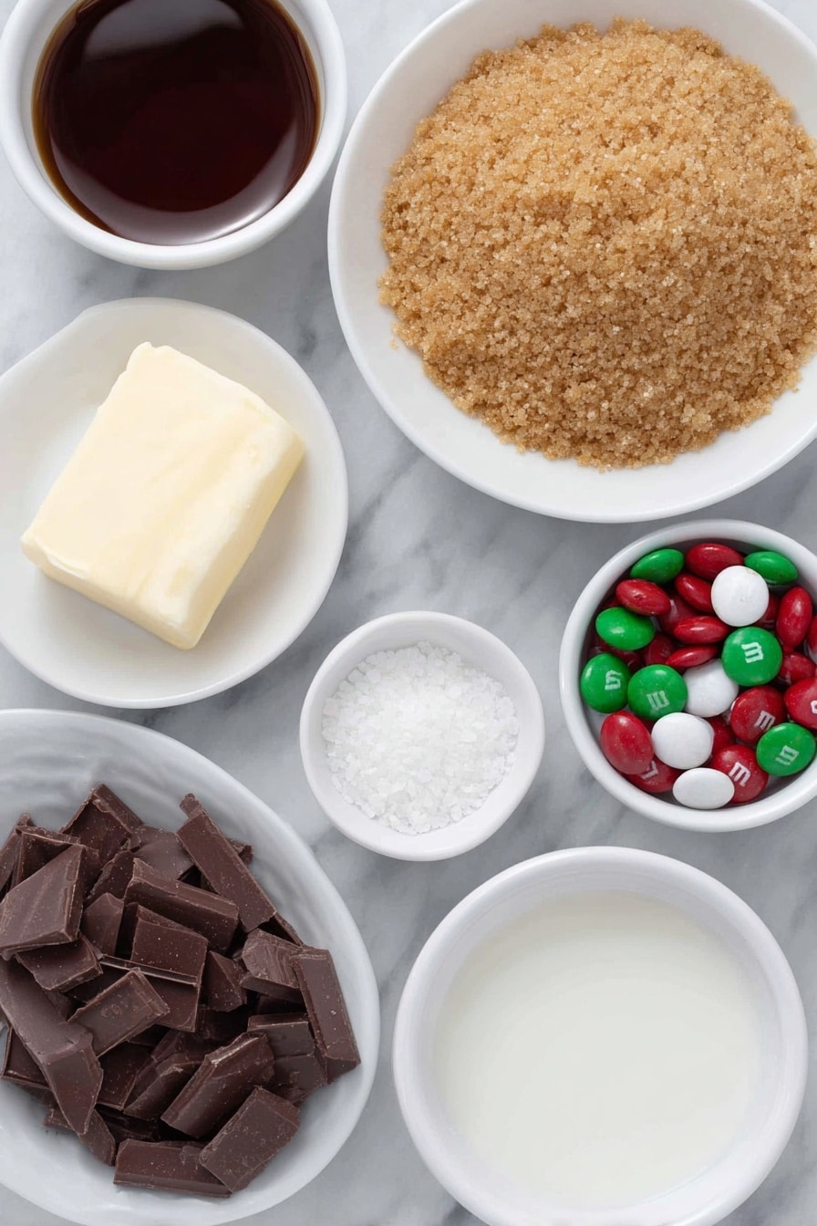 Flat lay of melted butter in a small white ceramic bowl, a mound of golden graham cracker crumbs on a simple white plate, a small sprinkle of coarse salt on a white ceramic dish, a neat pile of white coconut flakes on a white bowl, a small white bowl filled with glossy sweetened condensed milk, a white ceramic plate with glossy semi-sweet chocolate chips, a small white bowl holding colorful holiday red, green, and white M&M's, all arranged symmetrically and balanced, placed on a clean white marble surface, soft natural light, photo taken with an iPhone, professional food photography style, fresh ingredients, white ceramic bowls, no bottles, no duplicates, no utensils, no packaging --ar 2:3 --v 7 --p m7354615311229779997 - Christmas Magic Cookie Bars, holiday cookie bars, festive dessert recipes, easy Christmas treats, chocolate coconut M&M's bars