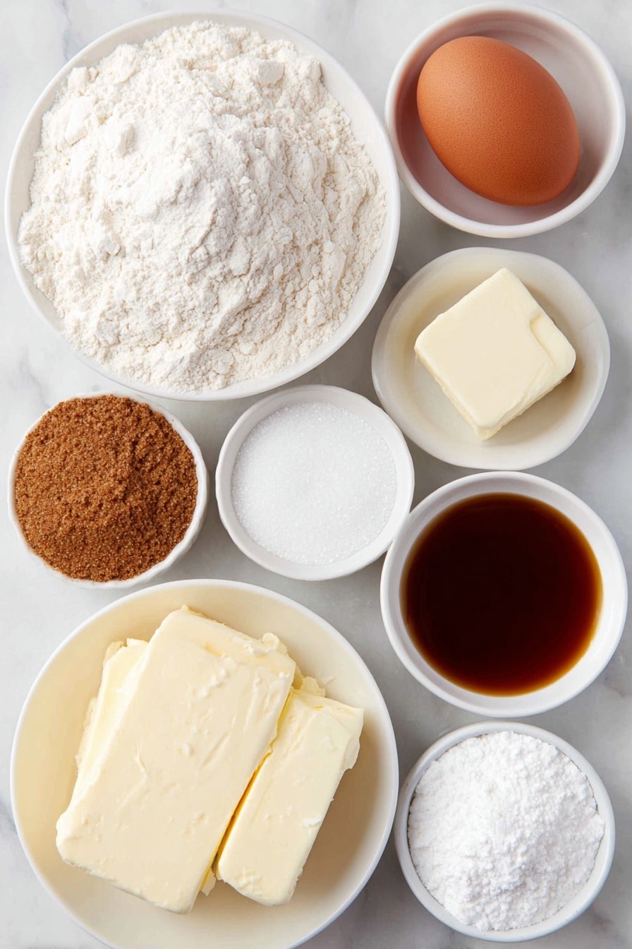 Flat lay of a small mound of all purpose flour, a small white bowl of baking powder, a small white bowl of ground cinnamon, a small white bowl of ground ginger, a small white bowl of ground nutmeg, a small white bowl of salt, a few tablespoons of salted butter in a small square of butter shape, a small white bowl filled with granulated sugar, a small white bowl filled with brown sugar, one large whole uncracked brown egg, a small white bowl of vanilla extract liquid, a small white bowl holding powdered sugar, a small white bowl of meringue powder, a small white bowl of water, all ingredients arranged symmetrically and naturally without any packaging, placed on a clean white marble surface, soft natural light, photo taken with an iPhone, professional food photography style, fresh ingredients, white ceramic bowls, no bottles, no duplicates, no utensils, no packaging --ar 2:3 --v 7 --p m7354615311229779997 - Christmas Sugar Cookies with Icing, holiday sugar cookies, festive cookie recipe, Christmas cookie decorating, easy holiday cookies