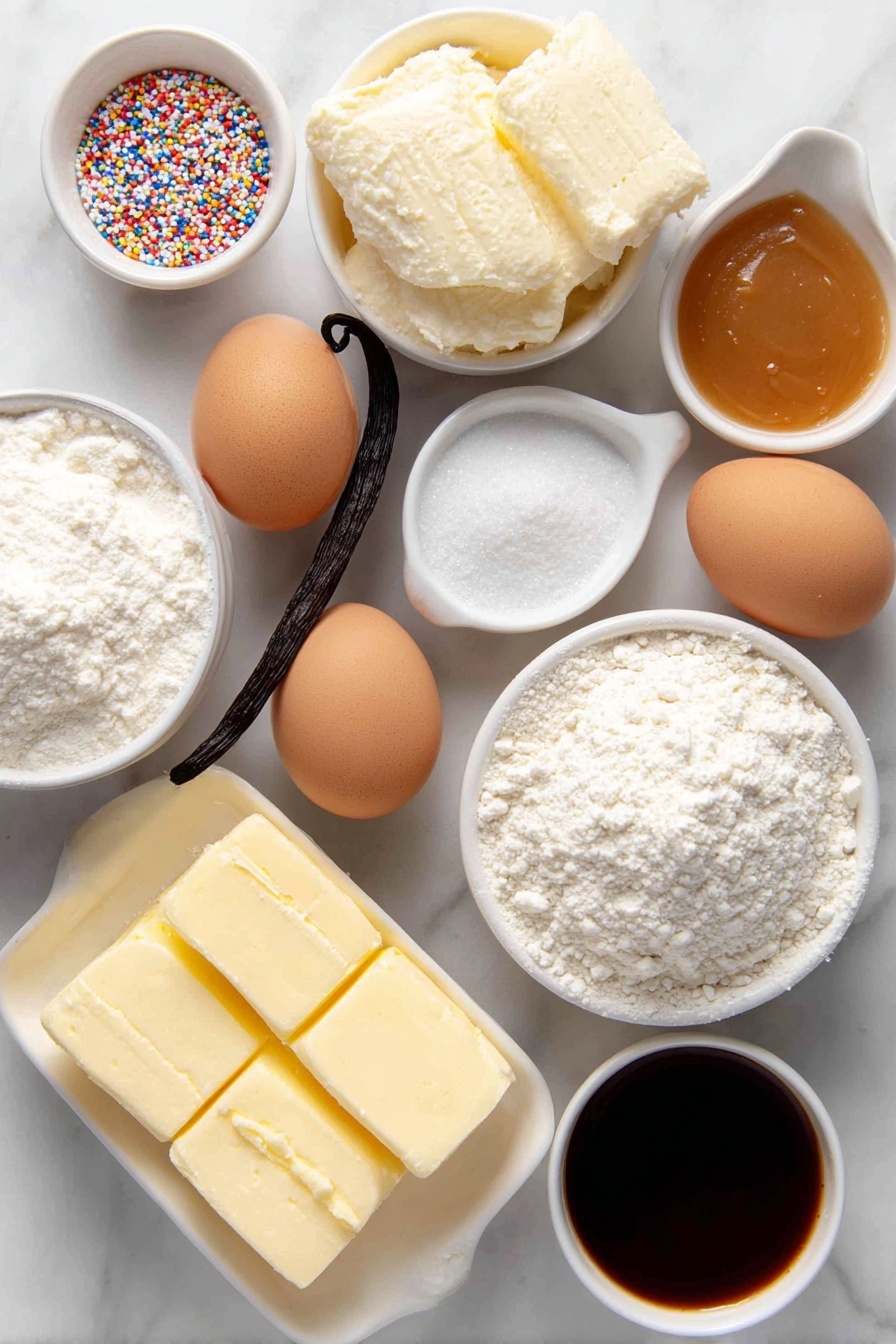 Flat lay of a few sticks of unsalted butter, a small white ceramic bowl of granulated sugar, a whole vanilla bean pod split open showing seeds, a small white bowl of pure vanilla extract, a small white bowl of almond extract, two whole uncracked brown eggs, a simple white ceramic bowl filled with all-purpose flour, a small white bowl containing baking soda, a small white bowl with salt, a small white ceramic bowl with powdered sugar, a small white bowl of salted caramel sauce, a few tablespoons of heavy cream in a small white bowl, and assorted colorful sprinkles in a small white bowl placed on a clean white marble surface, soft natural light, photo taken with an iPhone, professional food photography style, fresh ingredients, white ceramic bowls, no bottles, no duplicates, no utensils, no packaging --ar 2:3 --v 7 --p m7354615311229779997 - Vanilla Bean Sugar Cookies with Caramel Buttercream, vanilla bean cookies, caramel buttercream frosting, holiday sugar cookies, buttery vanilla cookies