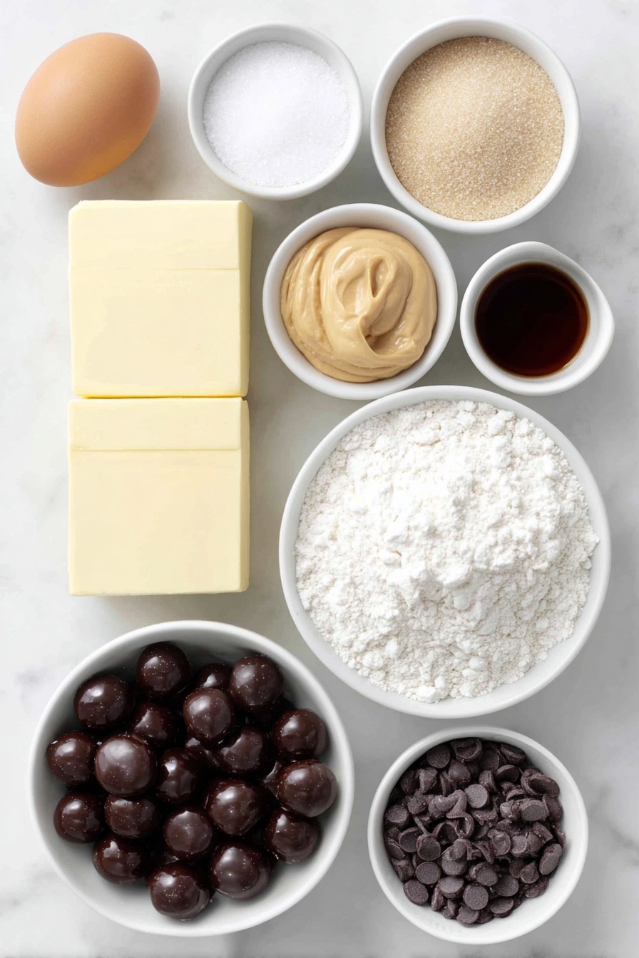 Flat lay of two sticks of butter with smooth edges, a small white bowl of creamy peanut butter, a small white bowl with light brown sugar, a small white bowl with granulated sugar, one whole uncracked brown egg, a small white bowl of vanilla extract, a small white bowl of all-purpose flour, a small white bowl containing baking soda powder, a small white bowl with baking powder, a small white bowl with fine salt, a small white bowl filled with mini chocolate chips, a small white bowl of powdered sugar, and a neat pile of shiny unwrapped chocolate kisses, all arranged symmetrically on a clean white marble surface, soft natural light, photo taken with an iPhone, professional food photography style, fresh ingredients, white ceramic bowls, no bottles, no duplicates, no utensils, no packaging --ar 2:3 --v 7 --p m7354615311229779997 - Chocolate Peanut Butter Crinkle Cookies, peanut butter and chocolate cookies, soft crinkle cookies, easy cookie recipes, chocolate peanut butter treats