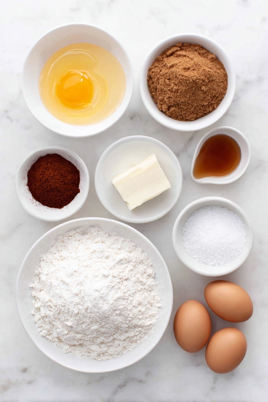 Flat lay of melted golden brown butter pooled in a simple white ceramic bowl, a white bowl filled with light to medium brown packed brown sugar, a small white bowl holding rich reddish-brown ground cinnamon, a neat pile of pale all-purpose flour on white ceramic plate, three smooth whole brown eggs with clean shells evenly spaced, a small white bowl containing pure vanilla extract, a teaspoon of fine white baking powder in a tiny white bowl, a pea-sized portion of pale baking soda on a white ceramic dish, coarse white sea salt crystals in a small white bowl, a small heap of fine granulated white sugar mixed lightly with cinnamon on a white plate, and a tiny white bowl with amber spiced apple cider liquid—all ingredients arranged with perfect symmetry and balanced spacing—placed on a clean white marble surface, soft natural light, photo taken with an iPhone, professional food photography style, fresh ingredients, white ceramic bowls, no bottles, no duplicates, no utensils, no packaging --ar 2:3 --v 7 --p m7354615311229779997 - Brown Butter Snickerdoodle Blondie Bars, snickerdoodle blondie bars, cinnamon blondie bars, apple cider glaze blondies, caramelized butter blondies