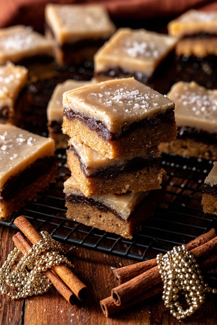 The image shows several square pieces of dessert bars stacked and scattered on a dark wire rack over a dark wooden surface. Each bar has three layers: a light brown bottom layer with a crumbly texture, a middle dark brown layer with a dense, almost marmalade-like texture, and a smooth, light beige top layer that looks like a glaze. Some pieces have a sprinkle of coarse salt on top. Near the bars is a bundle of cinnamon sticks tied with a gold and pearl ribbon. One bar is held above the others, showing the layers clearly. The overall lighting is warm and cozy, highlighting the texture and layers of the bars. Photo taken with an iphone --ar 2:3 --v 7 - Brown Butter Snickerdoodle Blondie Bars, snickerdoodle blondie bars, cinnamon blondie bars, apple cider glaze blondies, caramelized butter blondies