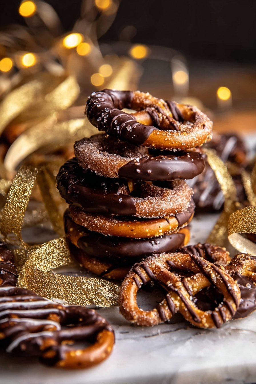 A stack of seven pretzels sits on a white marbled surface, each pretzel partly covered or drizzled with smooth, dark chocolate. The pretzels have a light brown color coated with a sugary texture that contrasts with the dark shiny chocolate. Around the stack, several pretzels lie flat, also dipped or striped with chocolate, sprinkled with coarse salt crystals that add texture. Golden, sparkly ribbons weave around the pretzels, adding a festive feel. In the blurry background, warm lights create small glowing bokeh spots that enhance the cozy atmosphere. photo taken with an iphone --ar 2:3 --v 7 - Chocolate Espresso Pretzels, chocolate espresso snack, sweet salty espresso treats, easy pretzel snacks, coffee-flavored desserts