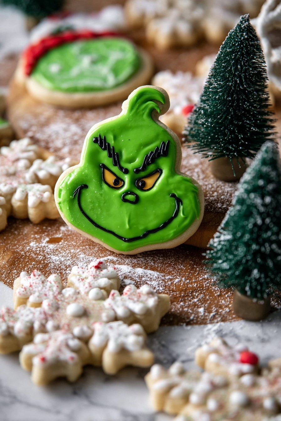 The image shows Christmas-themed cookies on a white marbled surface dusted lightly with powdered sugar. There are five green Grinch-shaped cookies with mischievous faces, defined by black icing for eyebrows and smiles, and golden-yellow eyes with black pupils. One Grinch cookie wears a red and white Santa hat. Interspersed among them are six snowflake cookies, each decorated with white icing to create patterns and dots that resemble snow crystals. There are also six Christmas tree-shaped cookies, with white icing outlining the trees and golden-yellow stars at the top, along with white dots decorating the trees like ornaments. Some small green bottle brush trees and pink Christmas ornaments with gold designs frame the arrangement. Photo taken with an iphone --ar 2:3 --v 7 - Vanilla Eggnog Cookie, holiday cookie recipes, festive cookies, eggnog cookies, Christmas baking ideas