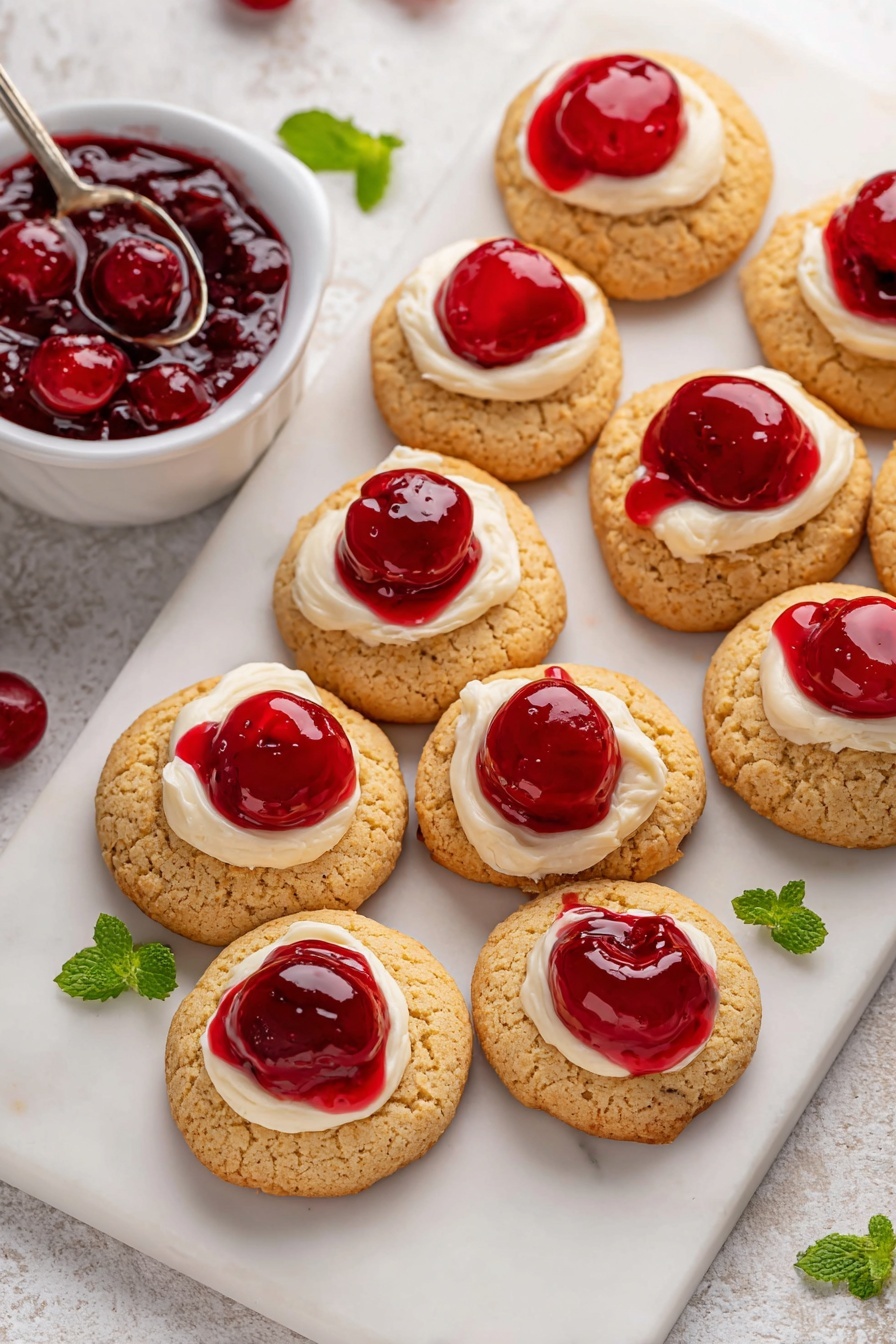 The image shows a close-up of a single cookie with two layers on a white marbled surface. The bottom layer is a light brown, crumbly cookie with a rough texture. The middle layer is a small dollop of creamy white filling that sits neatly on top of the cookie. The top layer consists of shiny, bright red cherry topping that looks smooth and slightly wet, with whole cherries visible. In the background, there are blurred cookies with the same three layers and some green leaves. photo taken with an iphone --ar 2:3 --v 7 - Cherry Cheesecake Cookies, cherry cheesecake dessert, easy cookies with cherry and cream cheese, summer fruit cookie recipes, festive cheesecake cookies