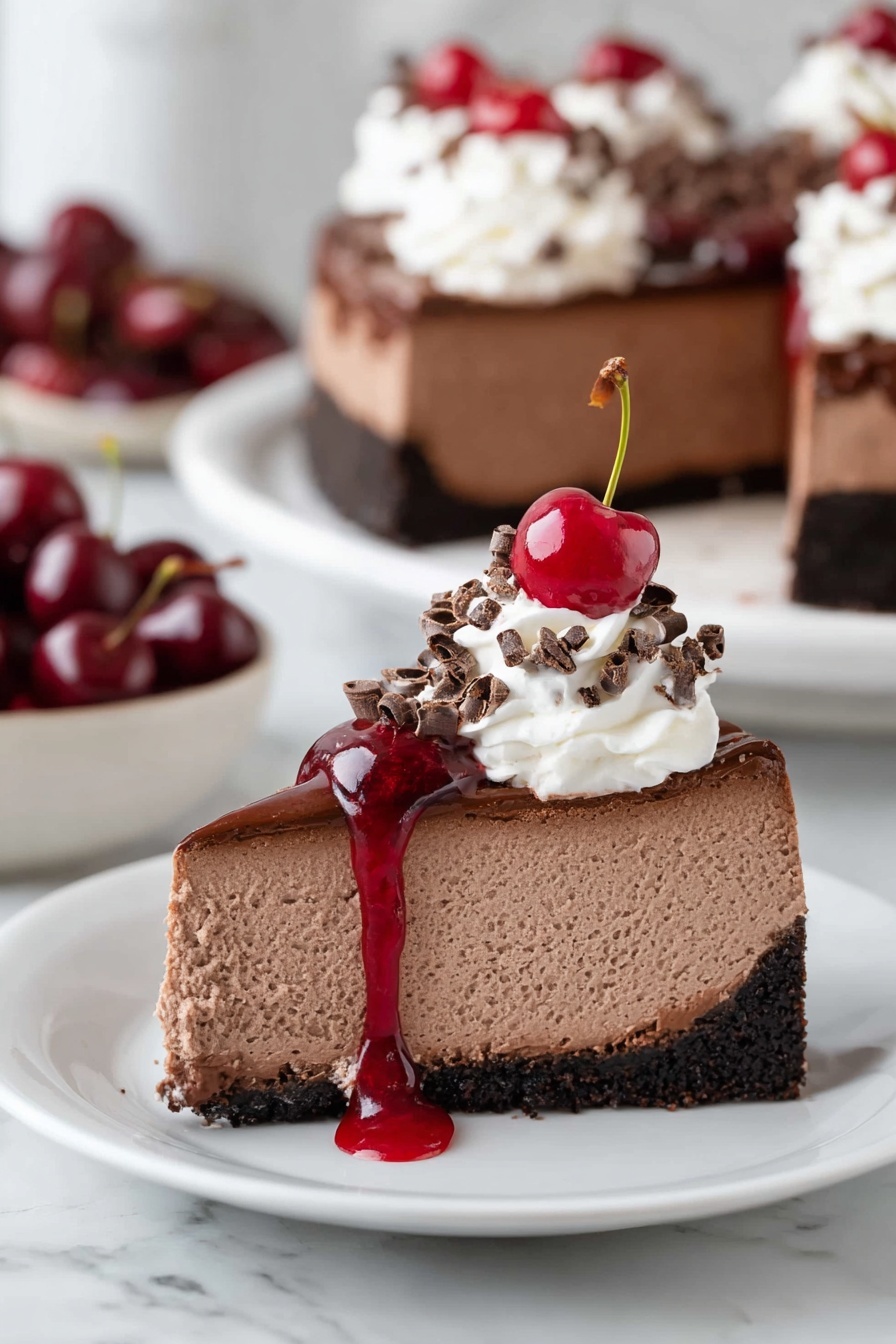 The image shows a slice of chocolate cheesecake on a white plate with a dark chocolate crust at the bottom, a thick middle layer of smooth chocolate cheesecake in light brown color, topped with a swirl of white whipped cream sprinkled with small dark chocolate shavings. A shiny red cherry with a stem sits on top of the whipped cream, and bright red cherry sauce drips down the side of the cheesecake slice. In the background, there is the rest of the cheesecake with similar layers and decoration, and a white bowl filled with fresh cherries. The surface is a white marbled texture. photo taken with an iphone --ar 2:3 --v 7 - Black Forest Cheesecake with Cherry Topping, Black Forest cheesecake recipe, Cherry-topped chocolate cheesecake, Elegant Black Forest dessert, Creamy cherry cheesecake